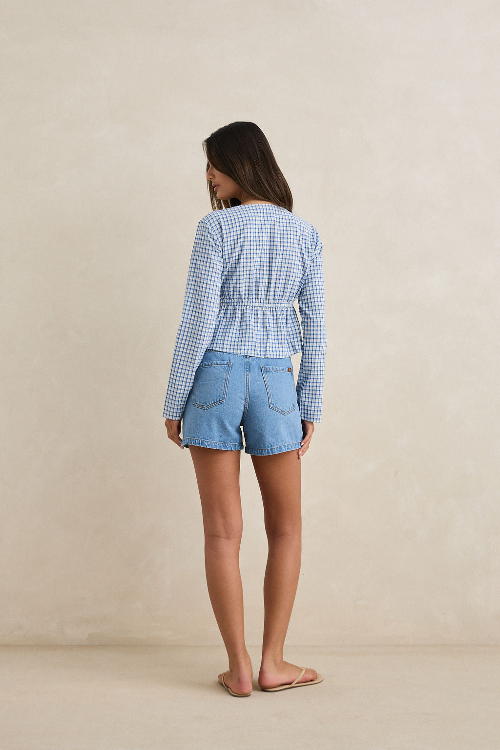 Rhythm Lola Check Tie Front Long Sleeve Top - Blue