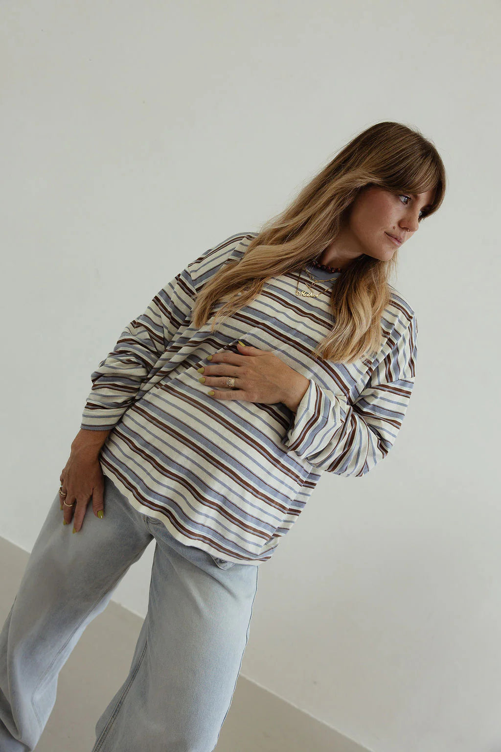 By Billie Stripe cotton Oversized L/S Tee - White/Blue/Brown