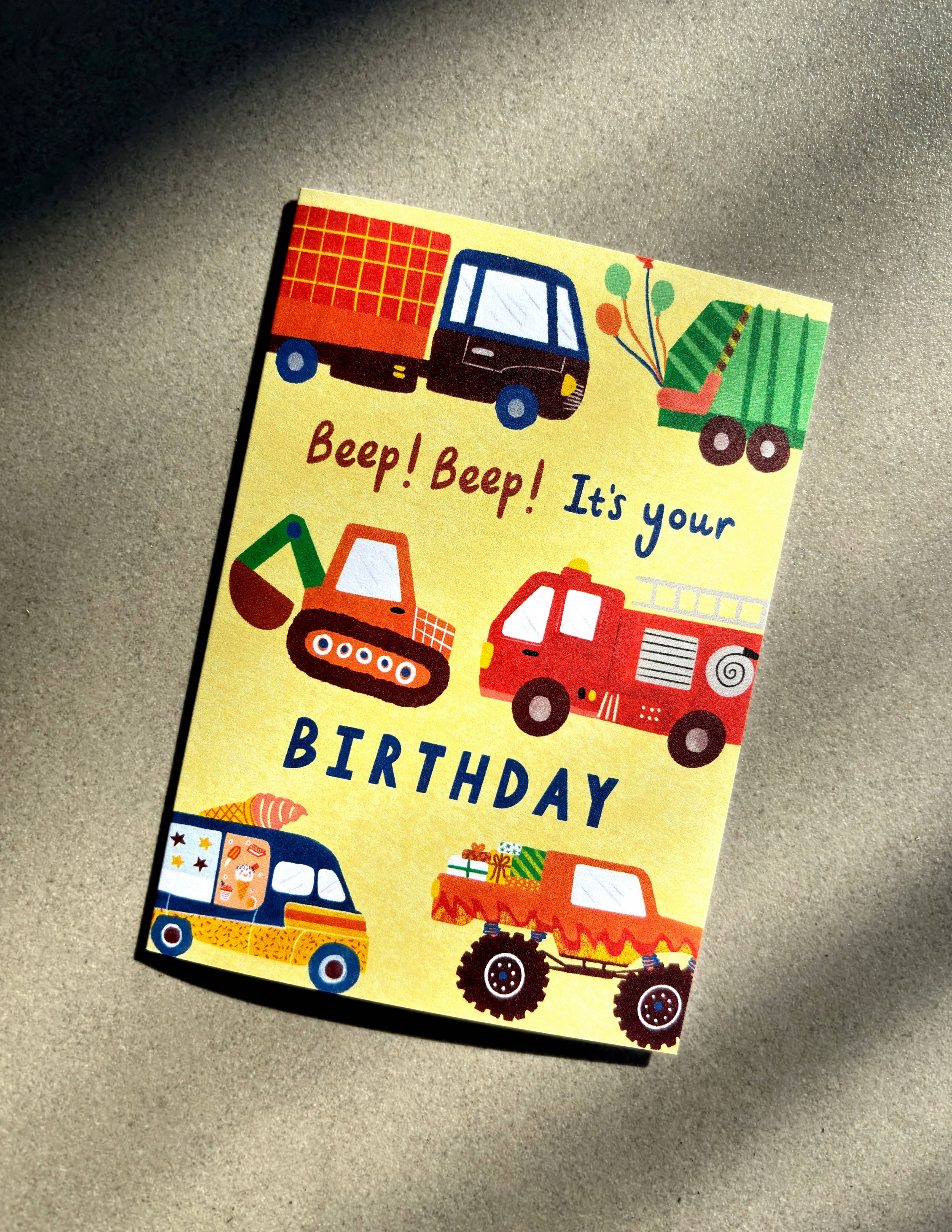 Vehicles Happy Birthday Card - Cute Kids Trucks Digger Bday
