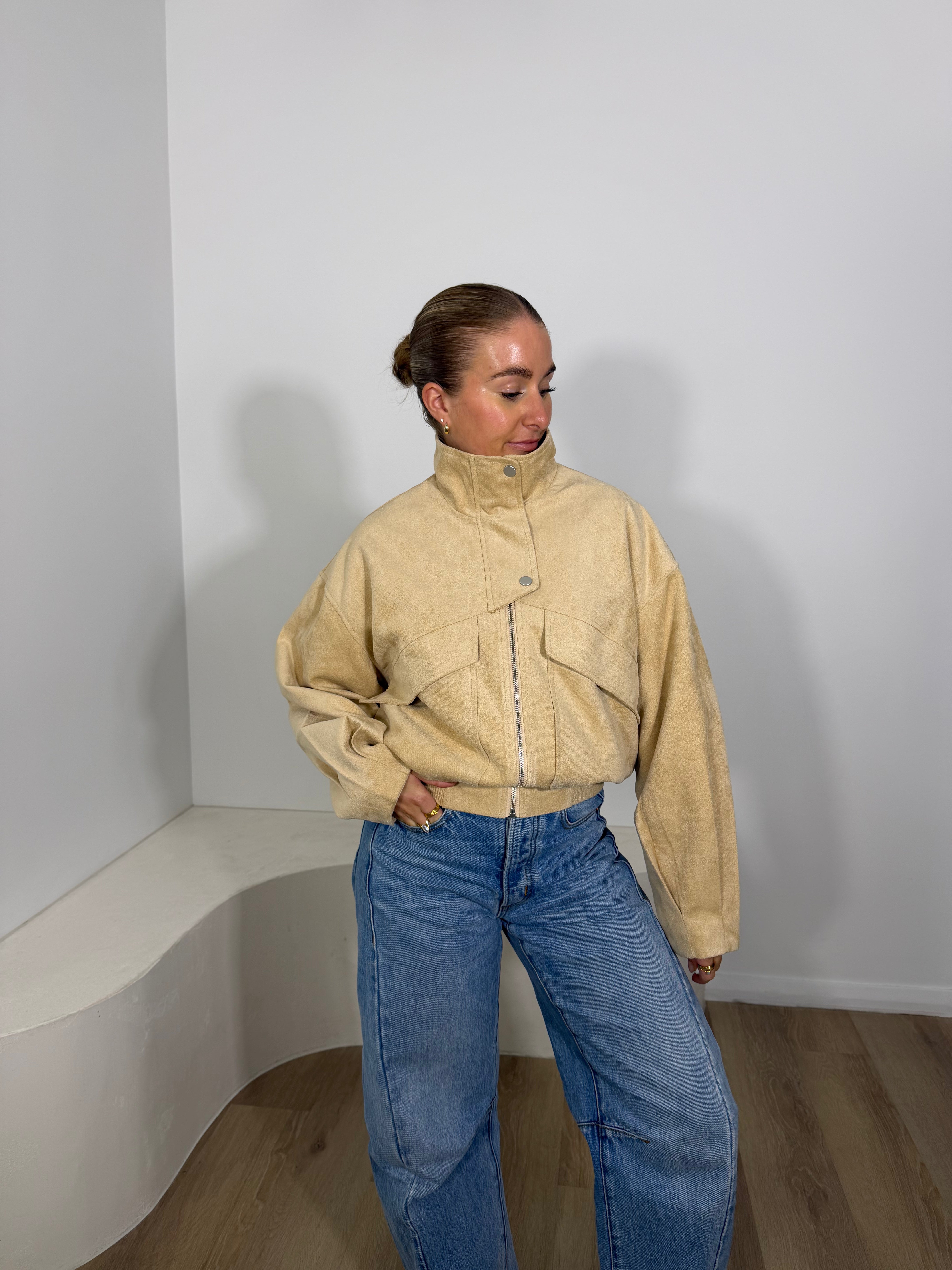By Frankie Faux Suede Bomber Jacket - Beige