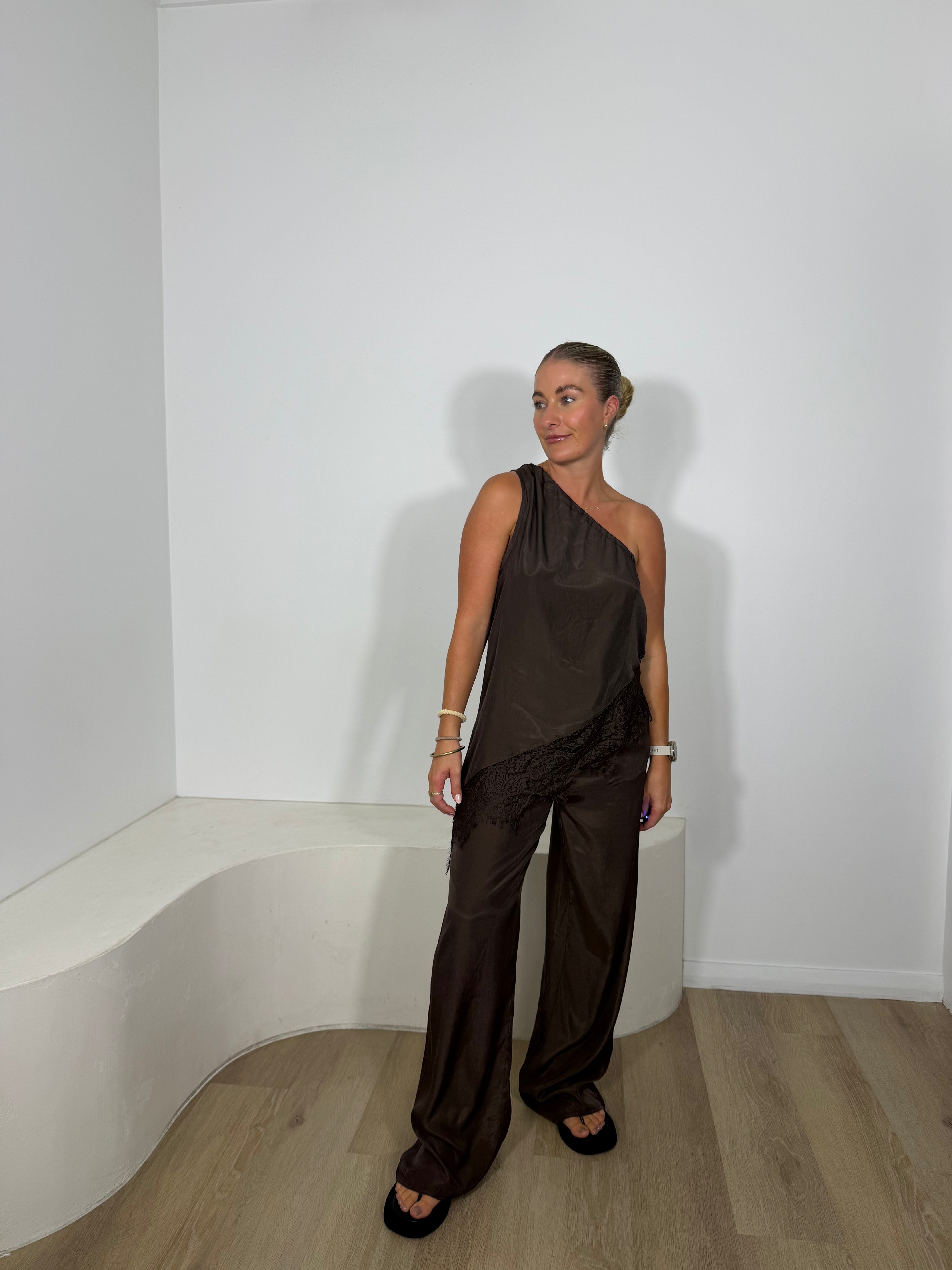 By Frankie One Shoulder Cupro Set - Chocolate