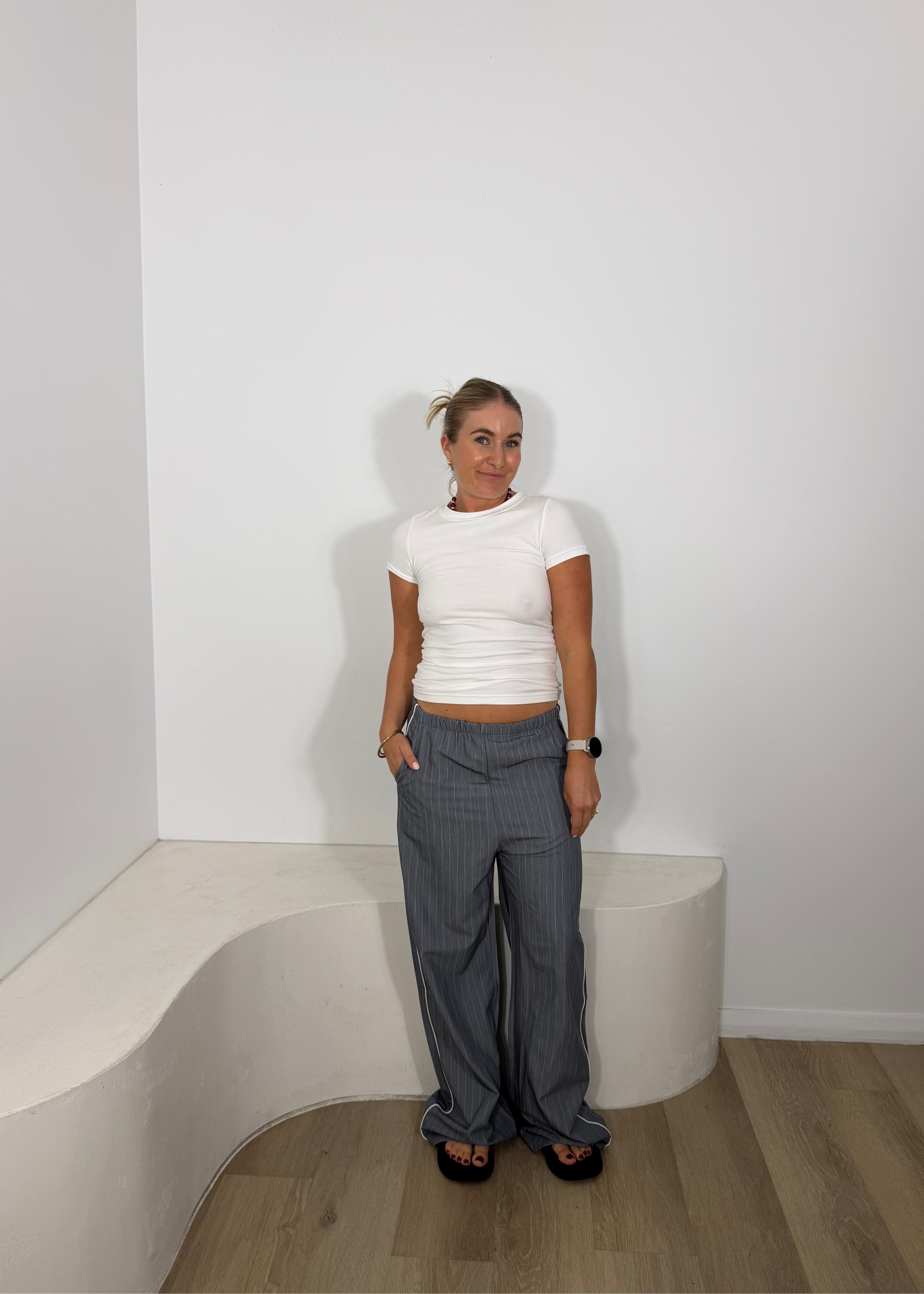 By Frankie Pinstripe Pant with Piping - Grey