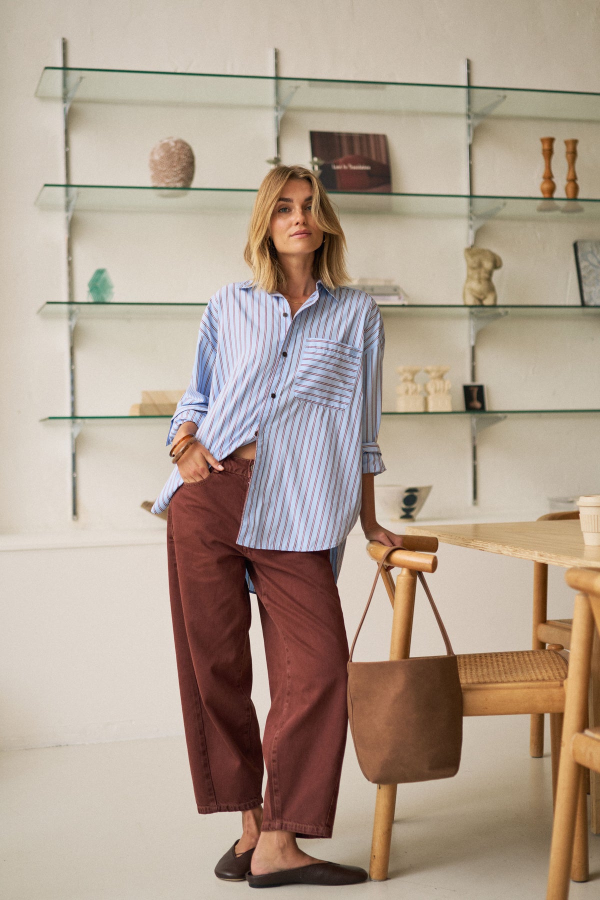 Ceres Life Peta Oversized Shirt - Sky/Blue Burgundy Stripe