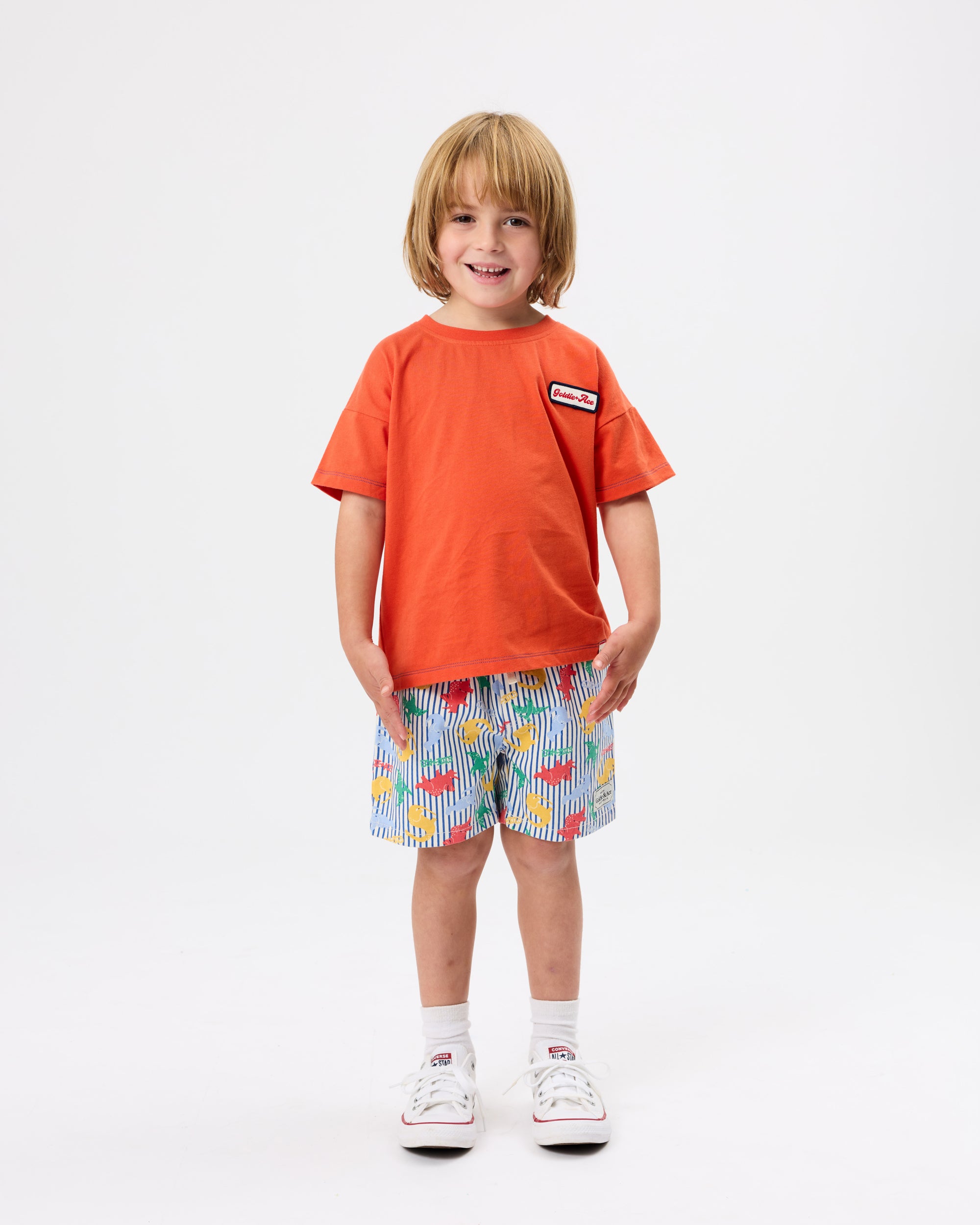 Goldie + Ace Dino Print Classic Short - Blue Stripe