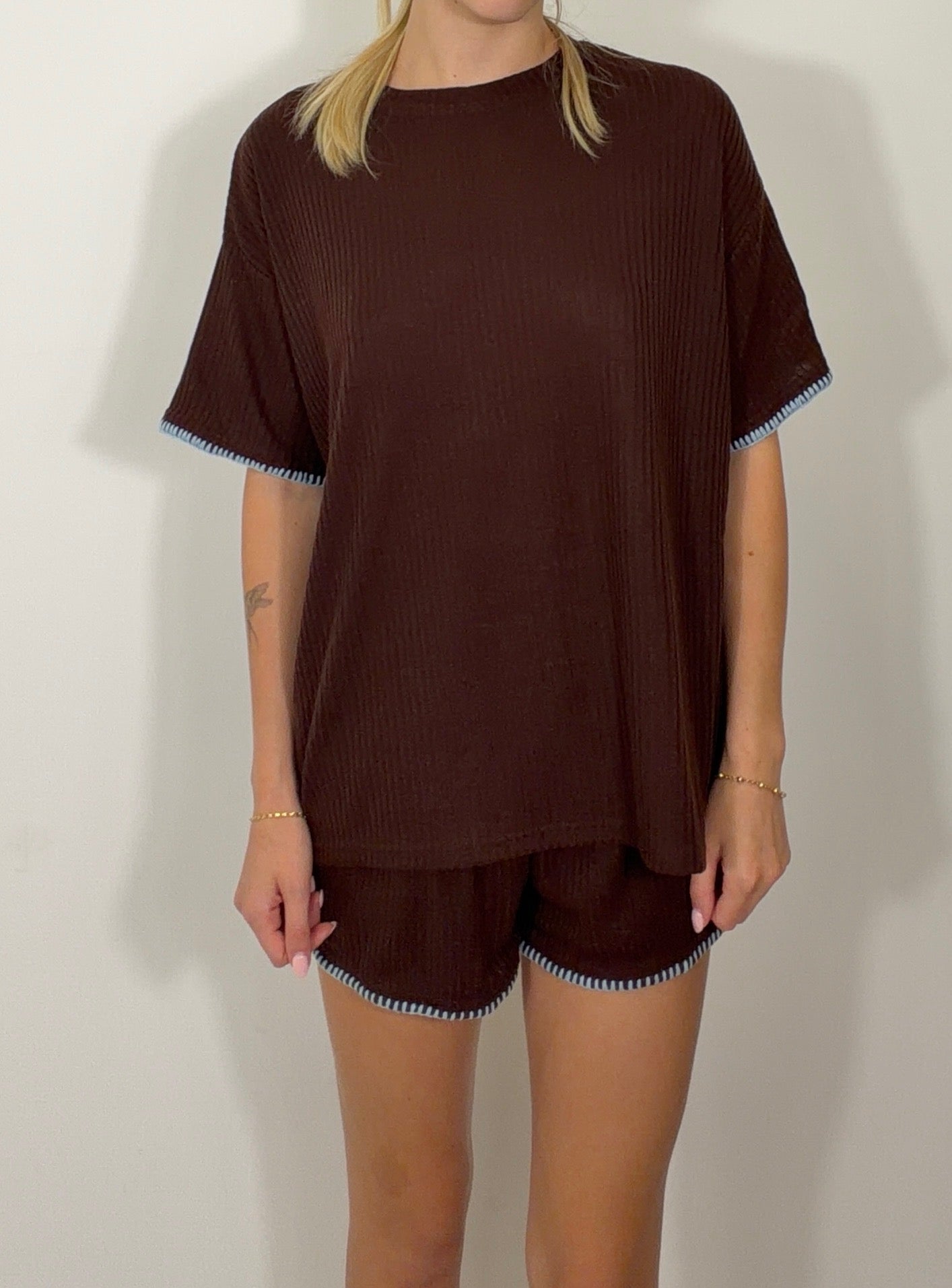 By Frankie Knit Set - Choc & Blue Trim