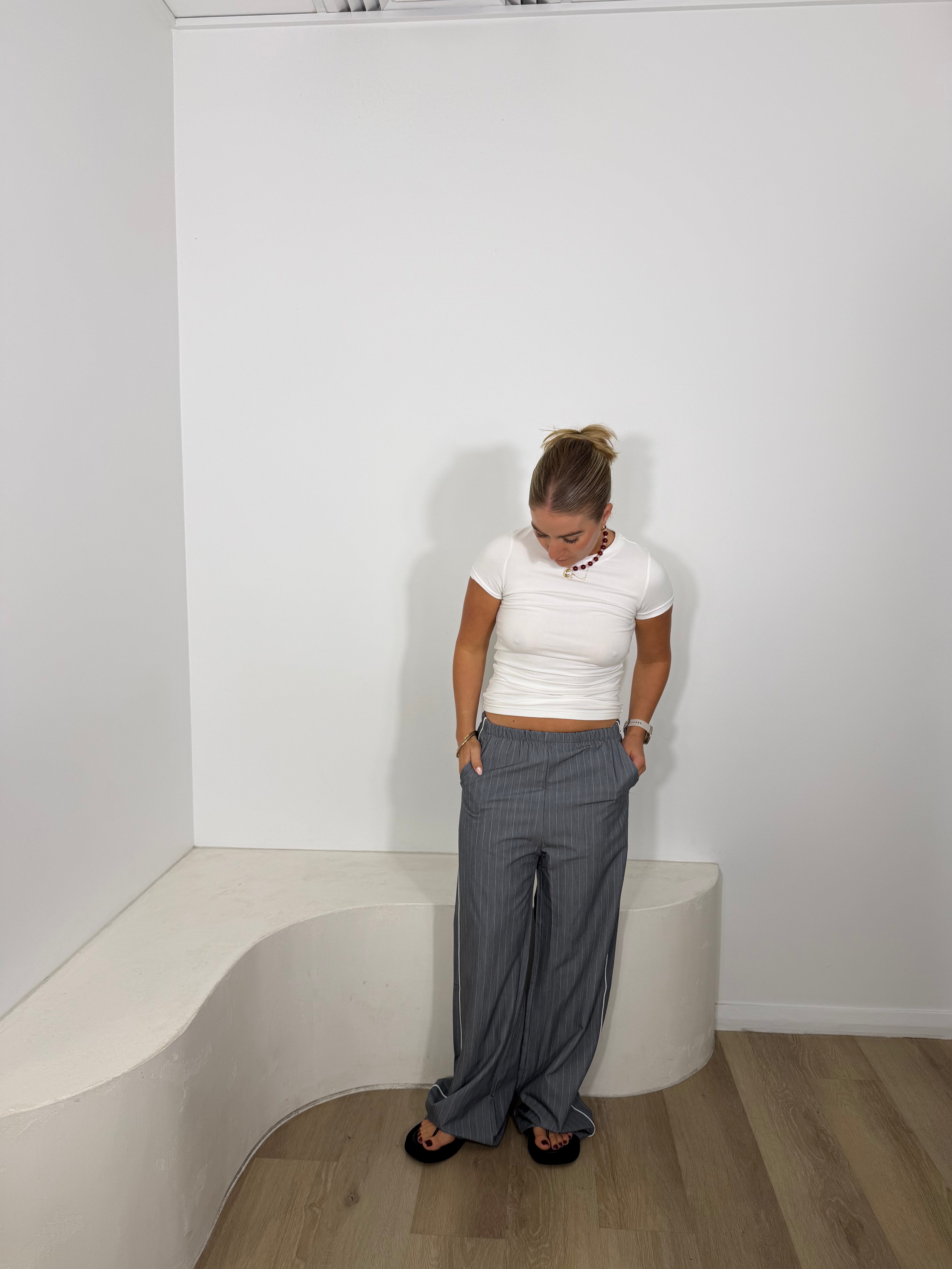By Frankie Pinstripe Pant with Piping - Grey