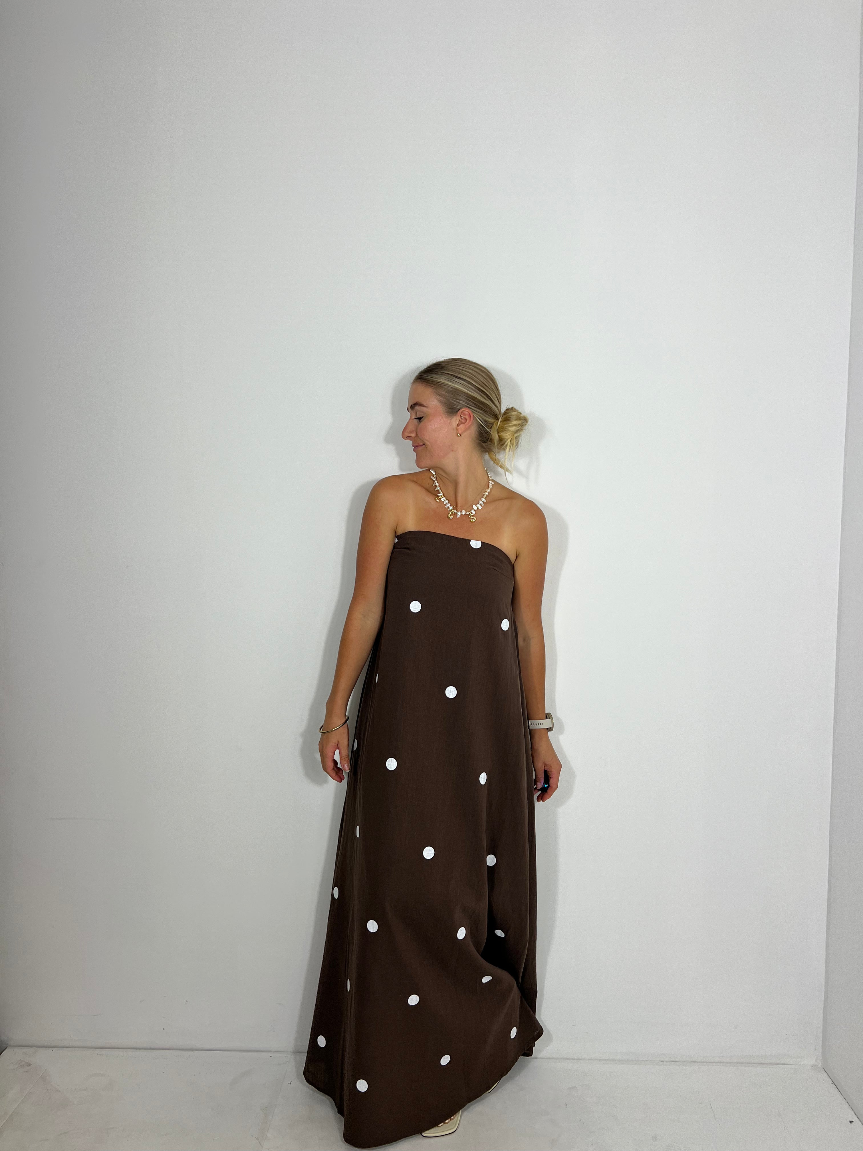 By Frankie Strapless Maxi - Choc Polka Dot