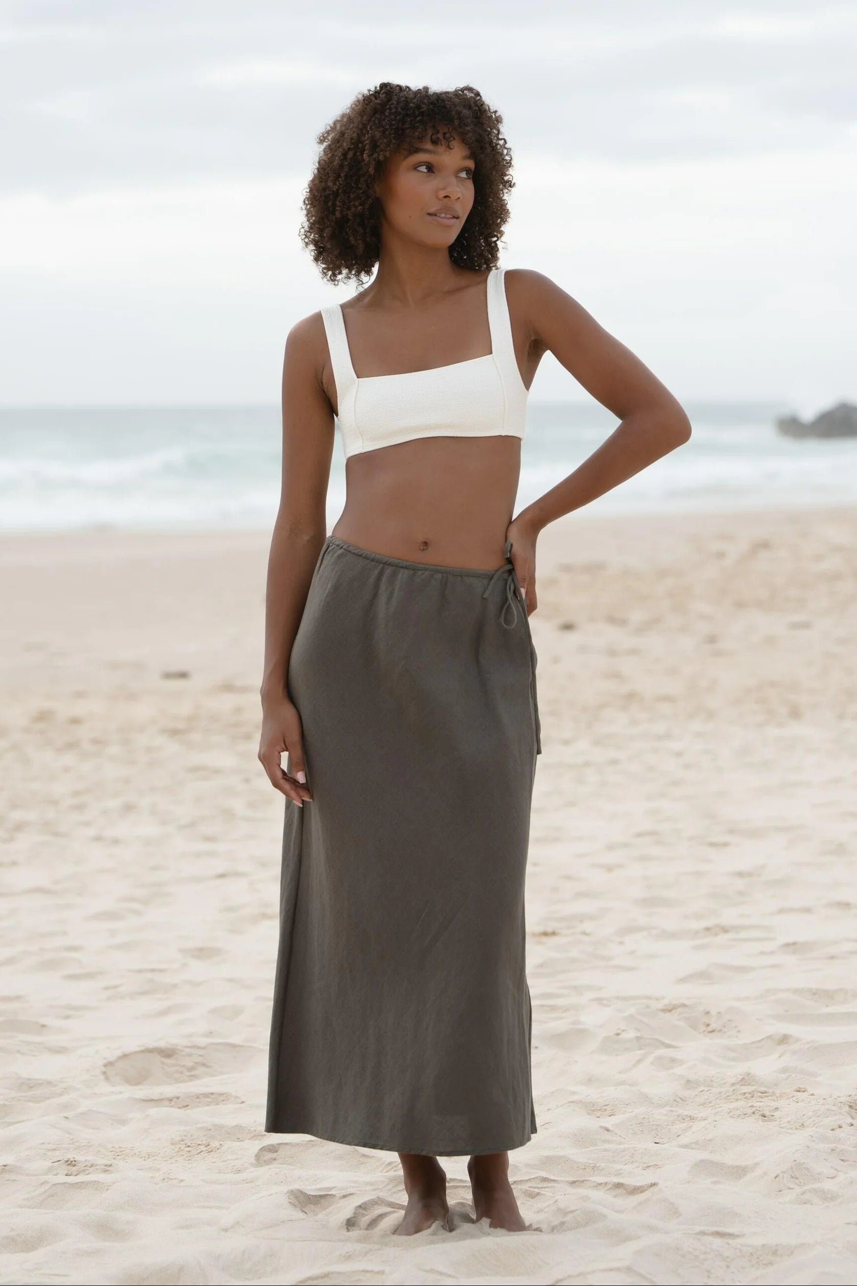 Lilly Pilly Riley Bias Linen Skirt - Khaki