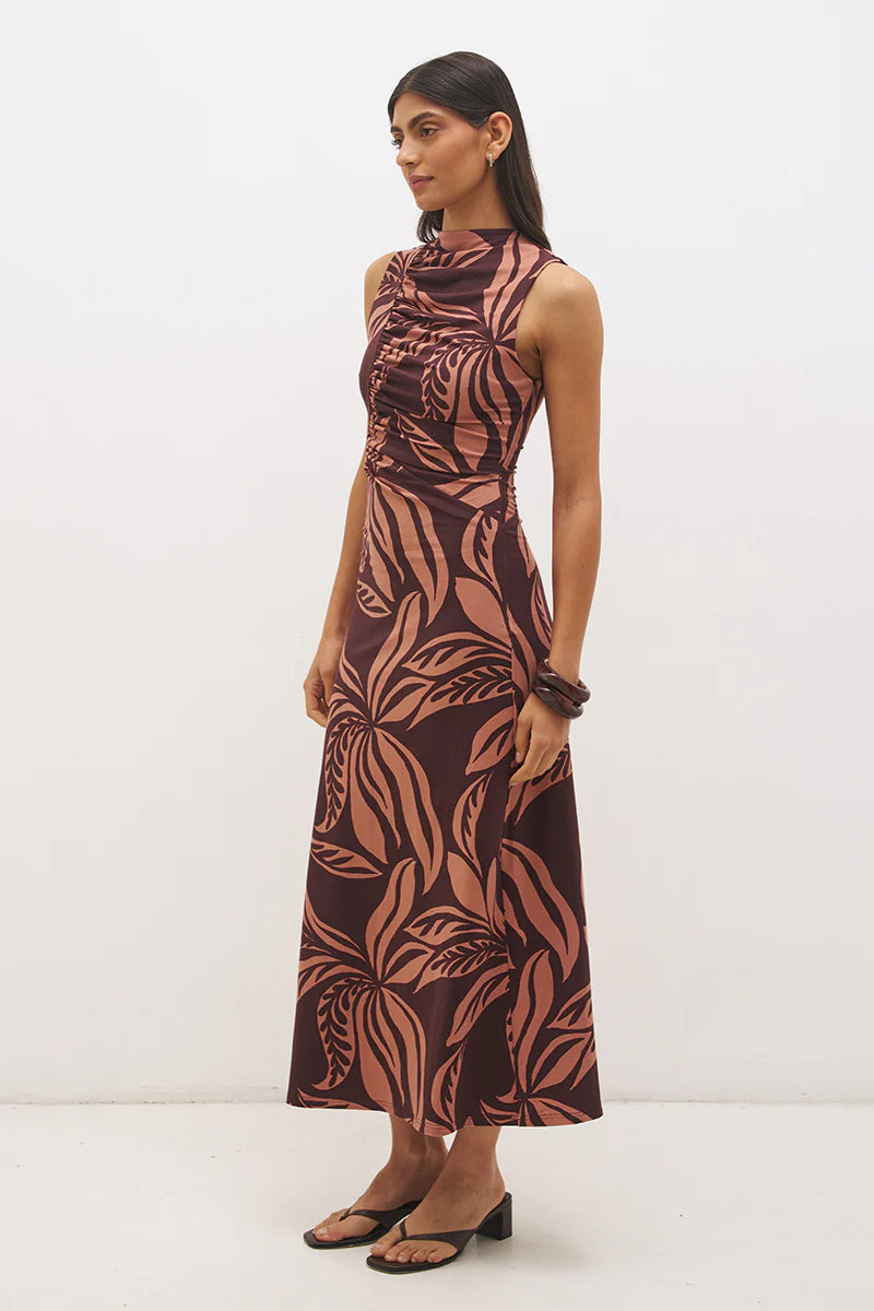 Mon Renn Farah Ruched Dress - Flowy Leaf Print