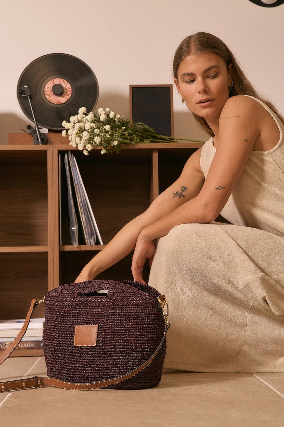 Nim Leather Trimmed Raffia BB - Cocoa