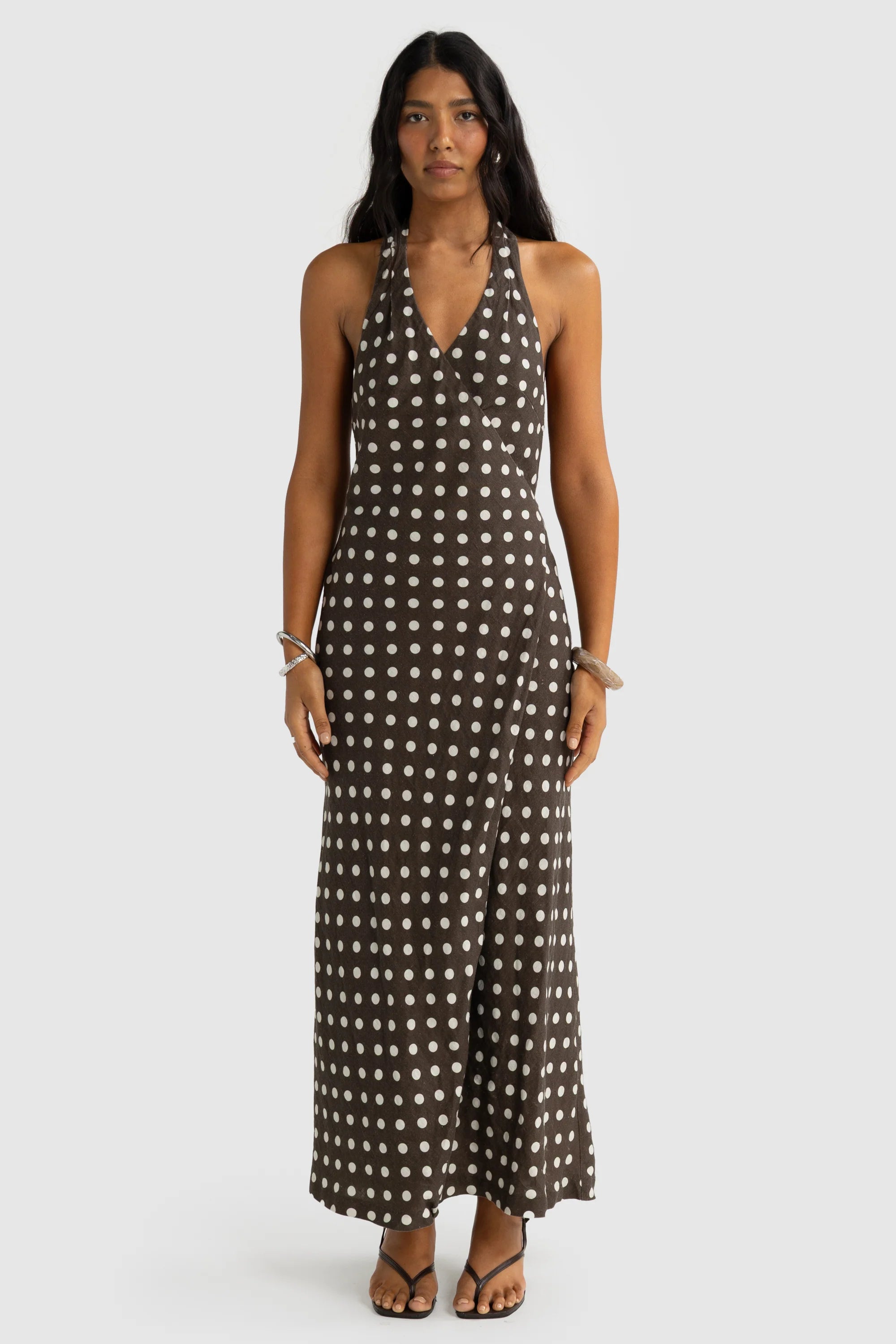 ORTC Elise Linen Wrap Full Length Dress - Carob Polkadot