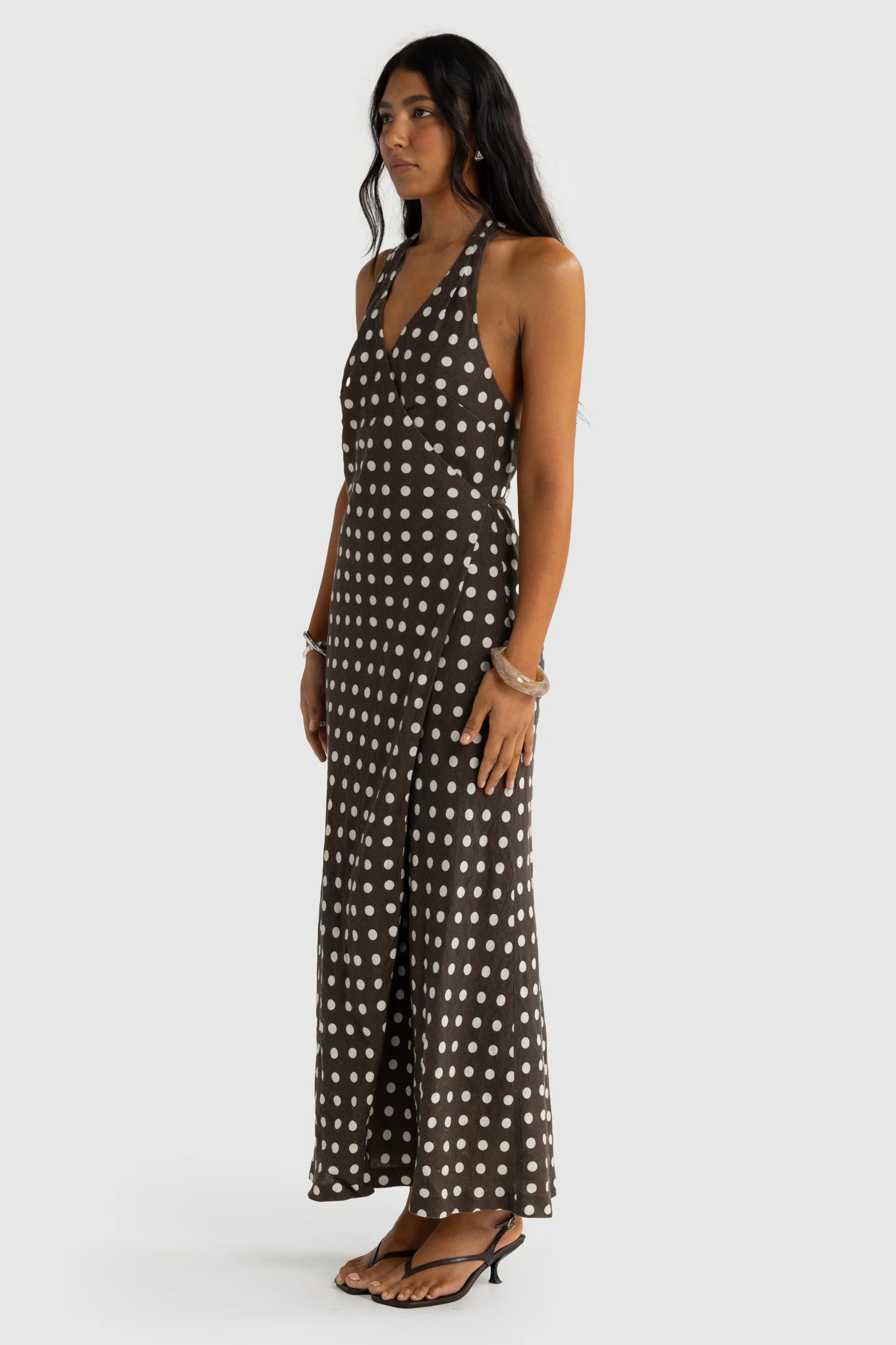ORTC Elise Linen Wrap Full Length Dress - Carob Polkadot