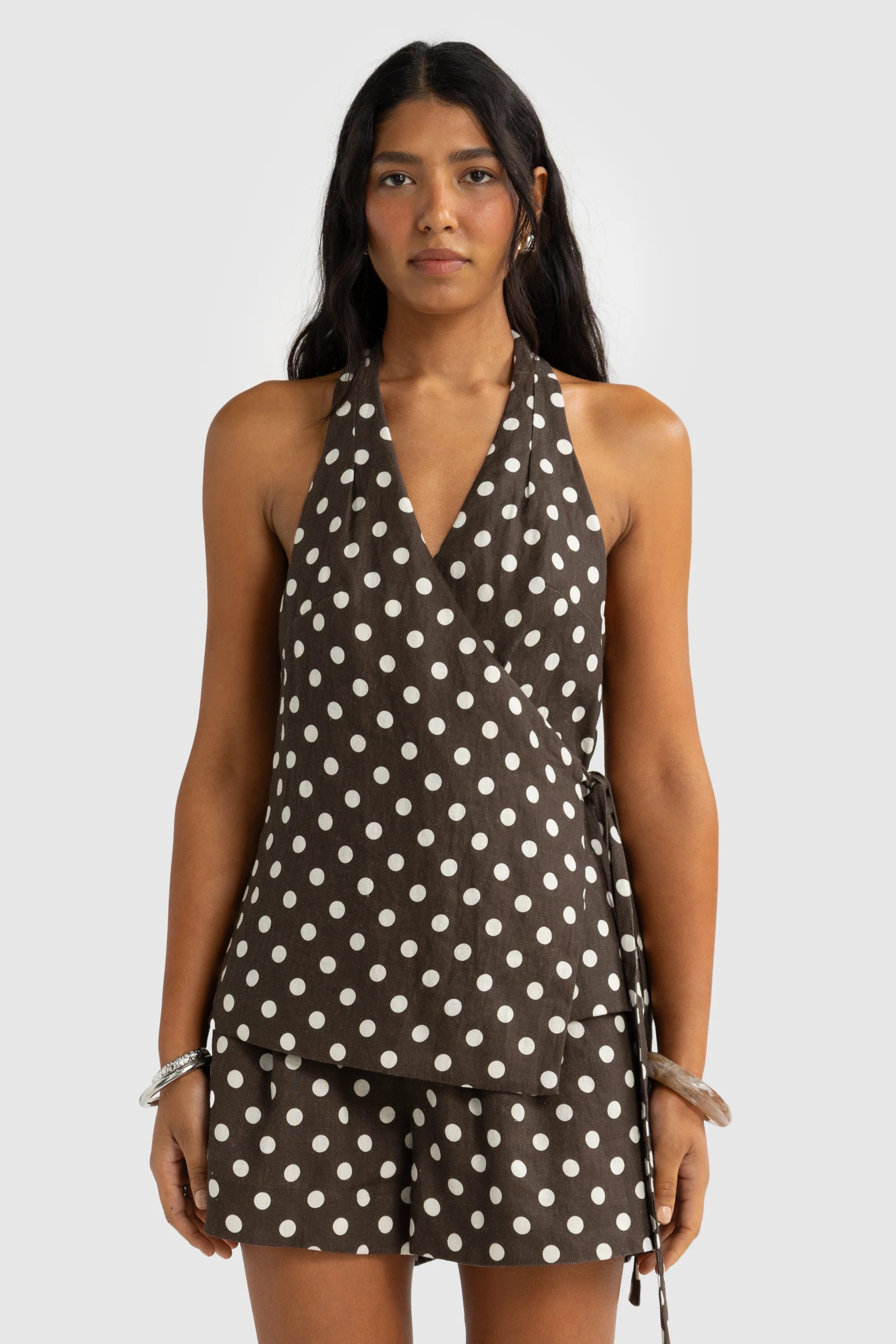 ORTC Elise Linen Wrap Top - Carob Polkadot