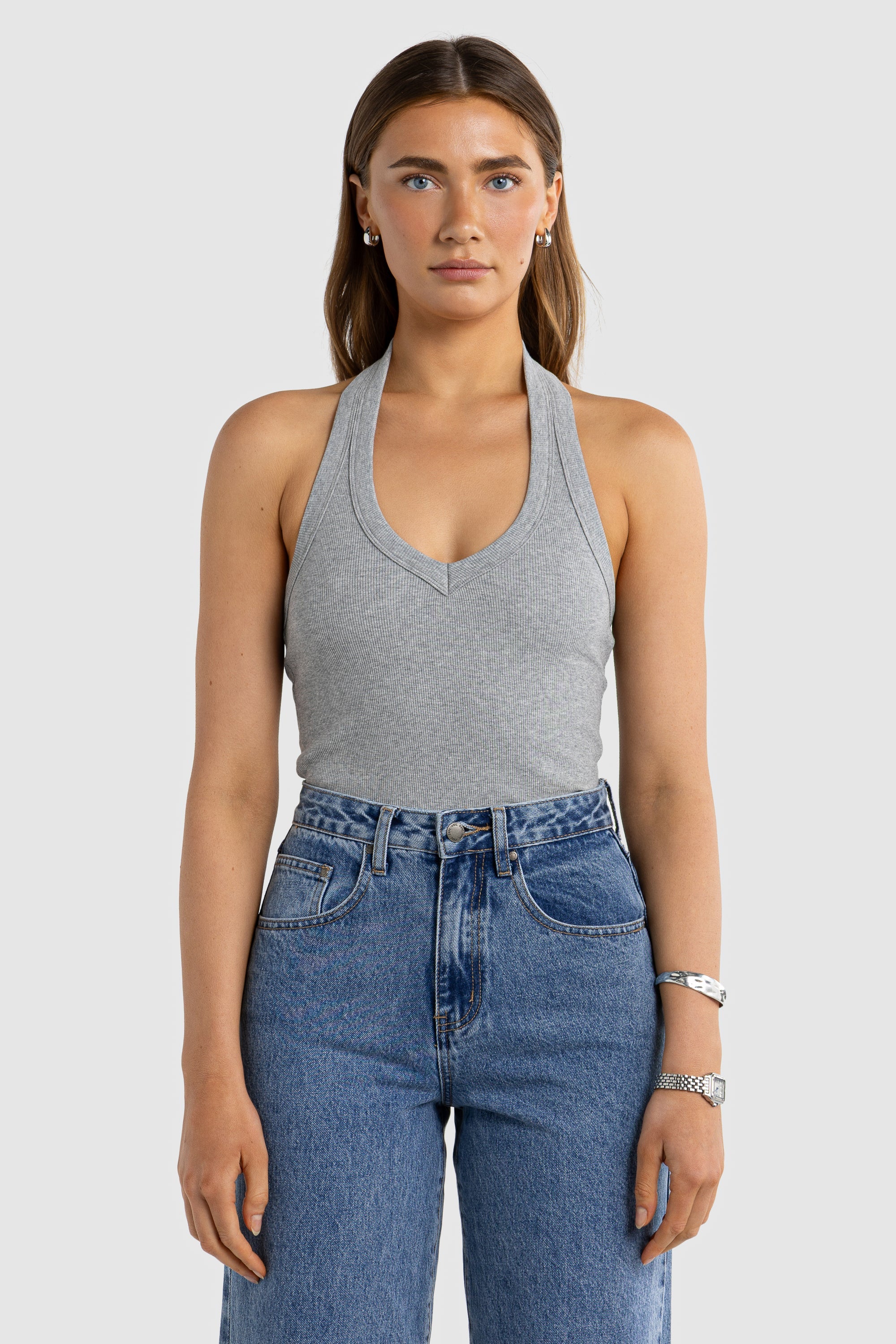 ORTC Sunday V Neck Halter Tank - Grey Marle