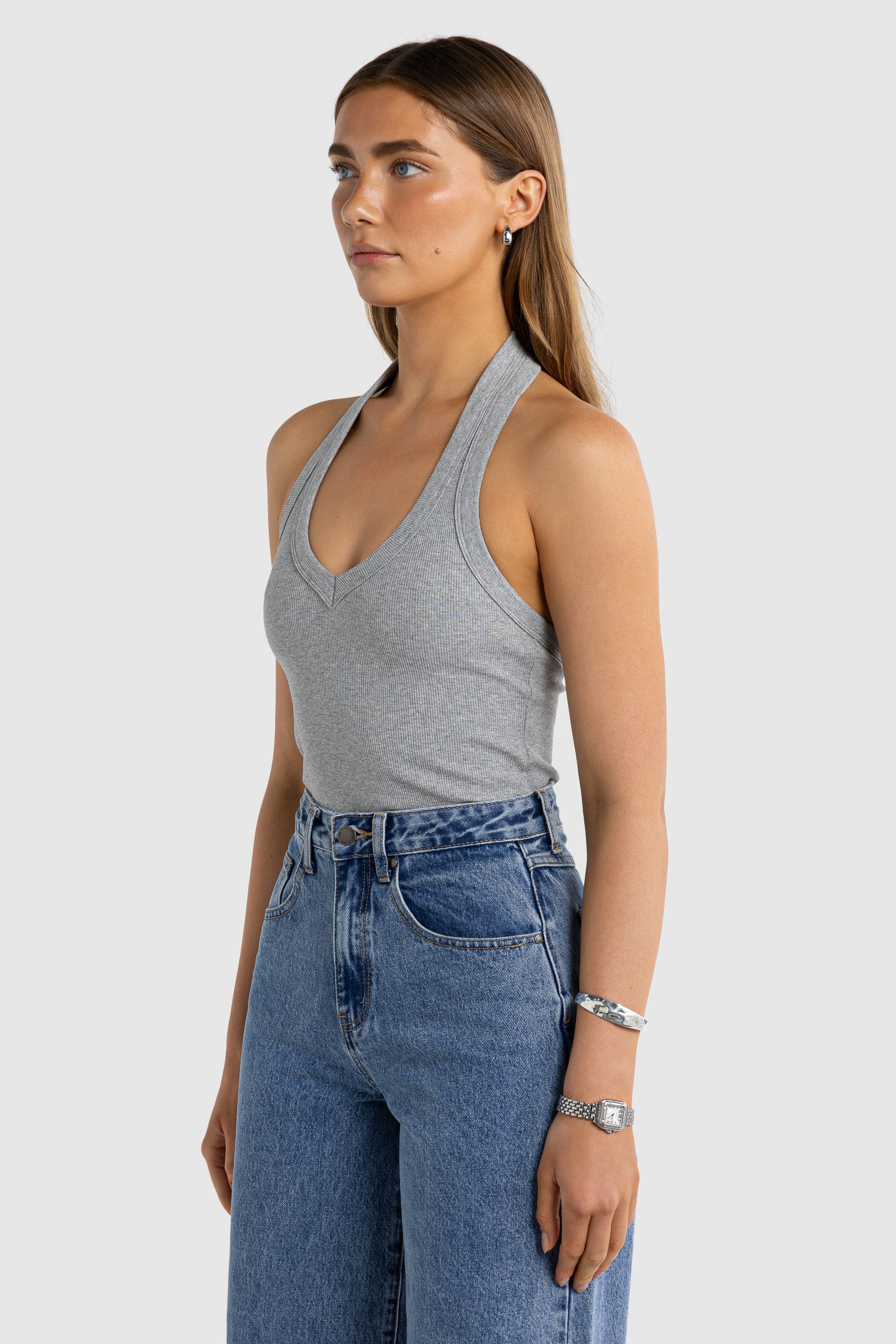 ORTC Sunday V Neck Halter Tank - Grey Marle
