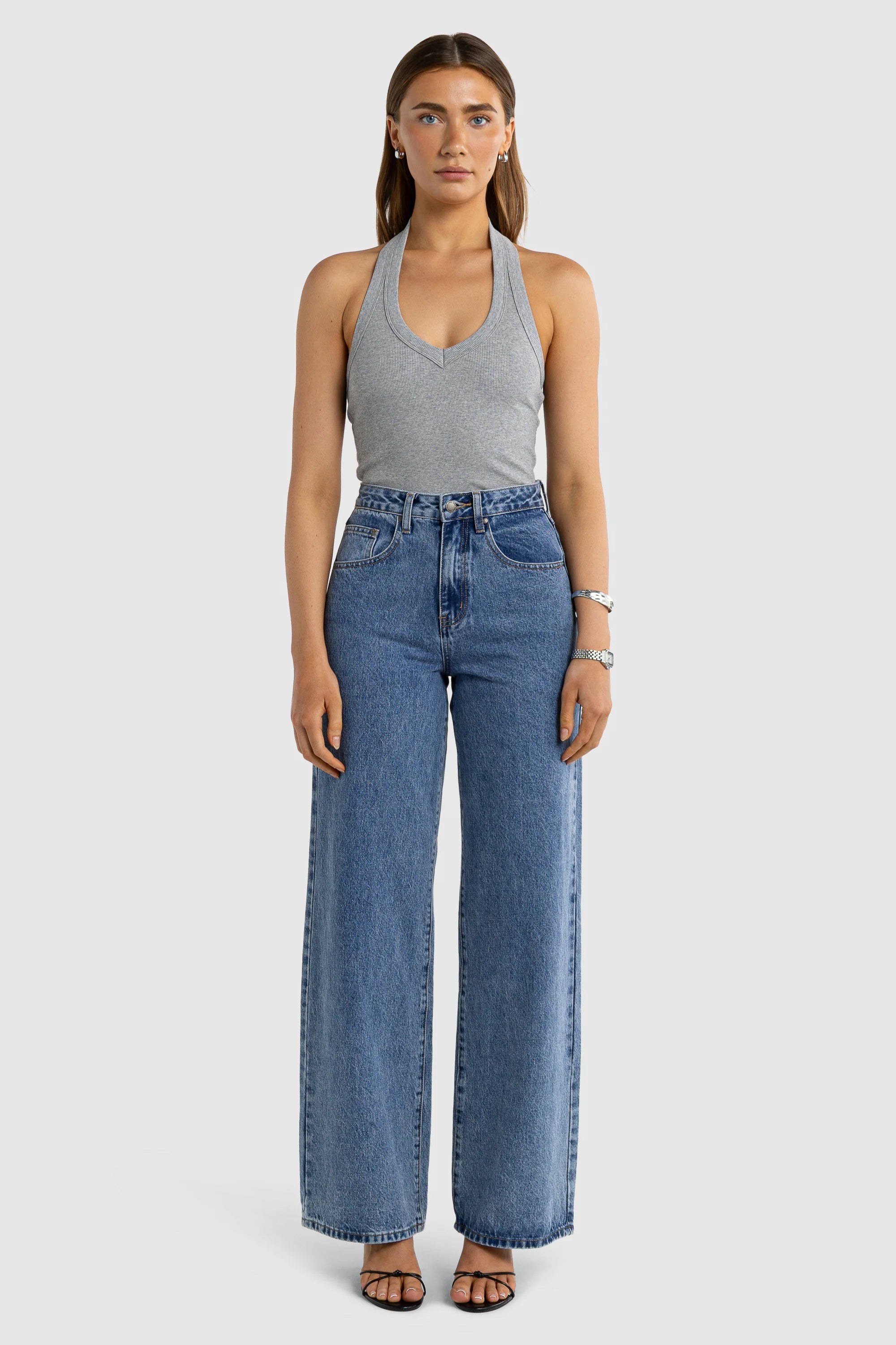 ORTC Sunday V Neck Halter Tank - Grey Marle