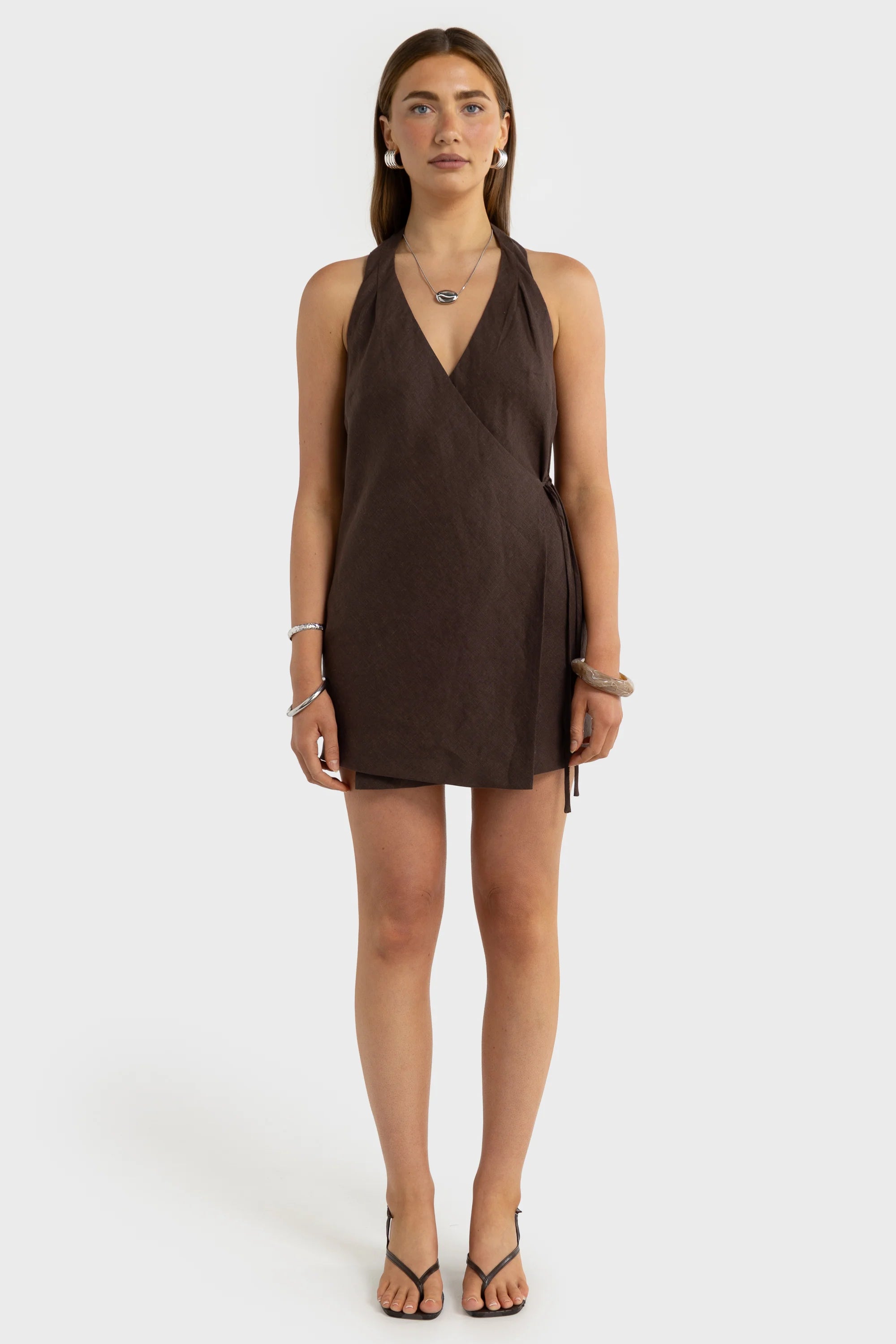 ORTC Elise Linen Wrap Mini Dress - Carob