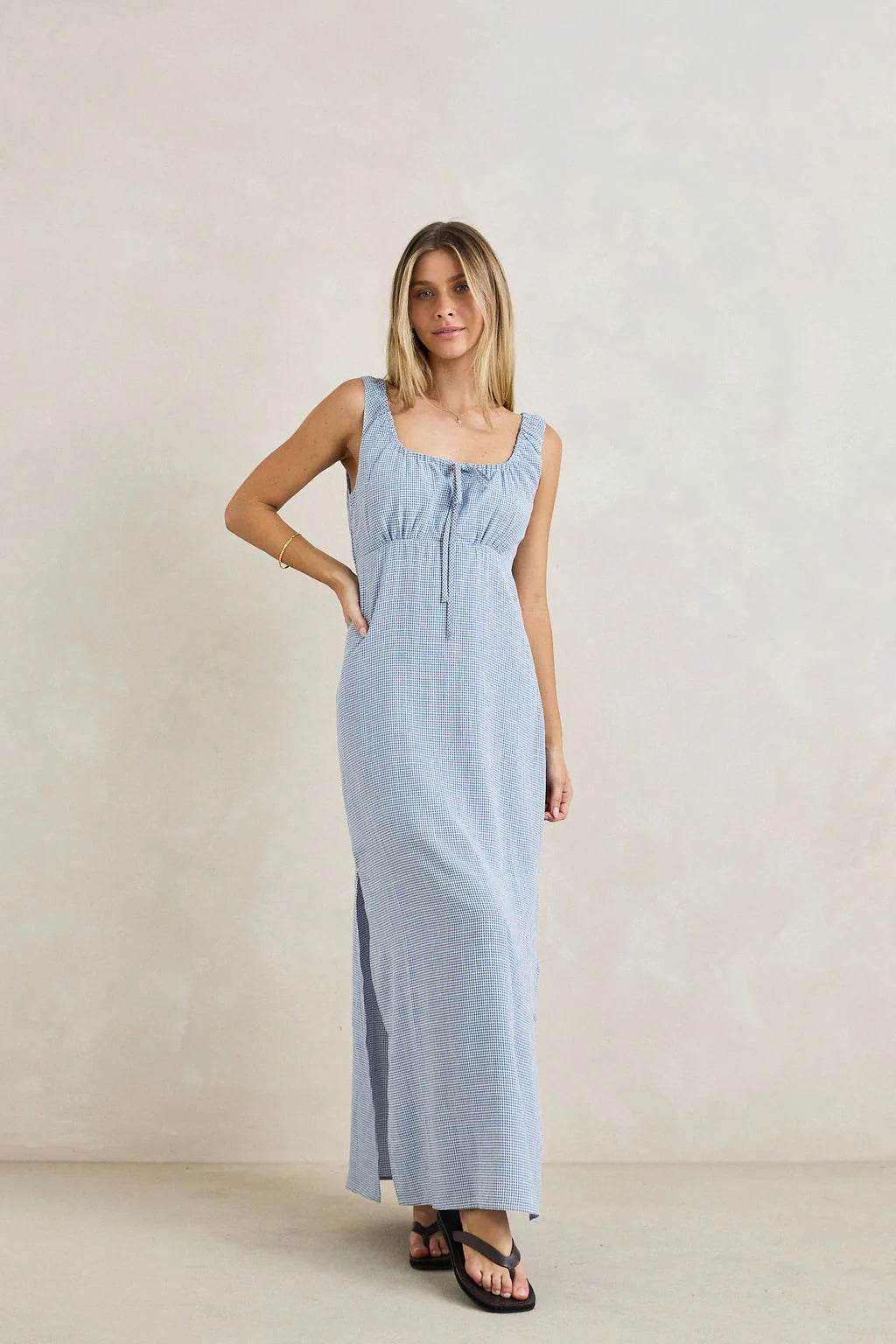 Rhythm Del Rio Gathered Maxi Dress - Blue Check