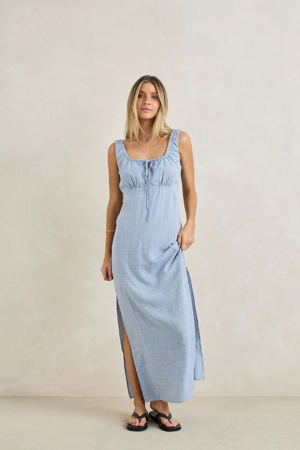 Rhythm Del Rio Gathered Maxi Dress - Blue Check
