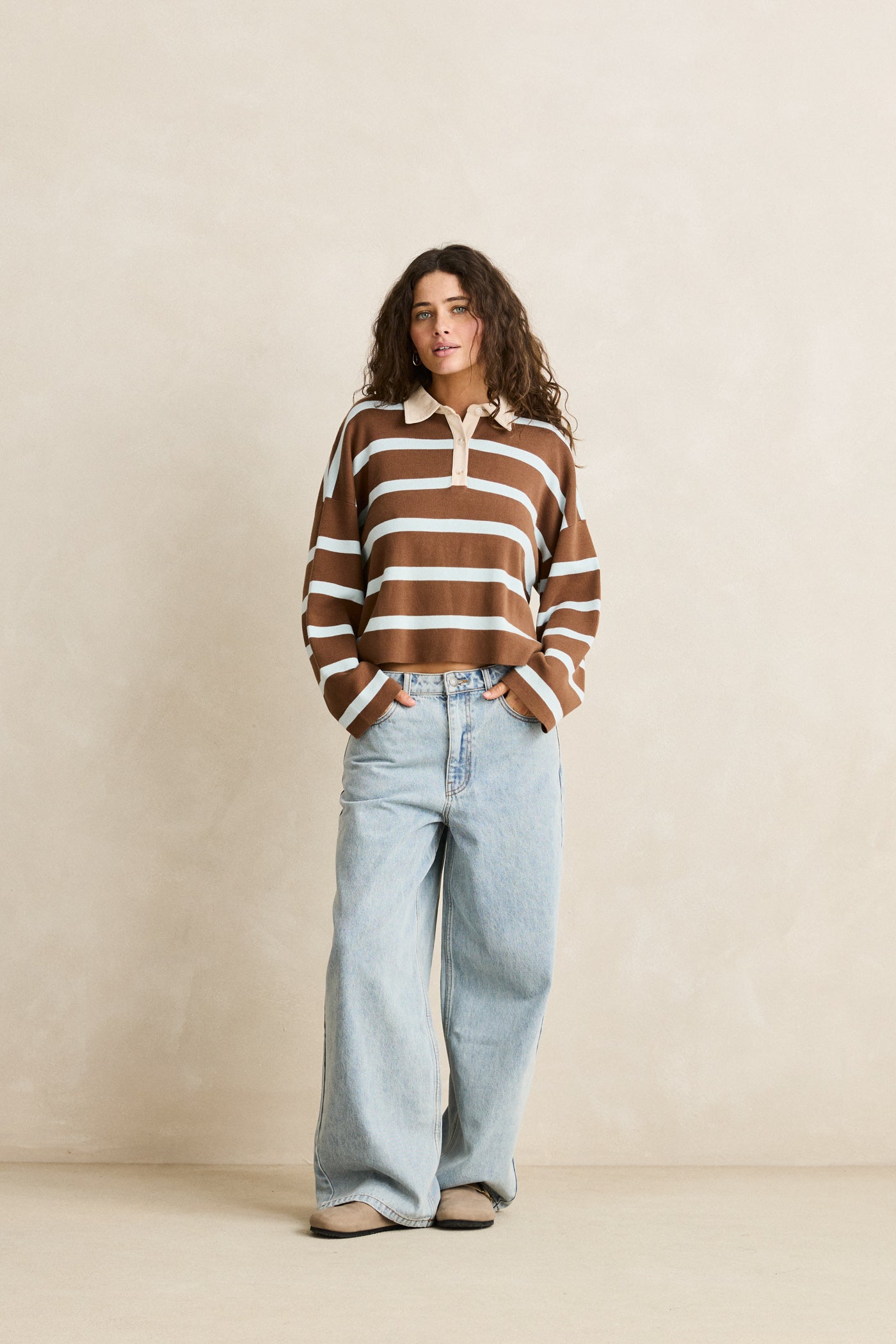 Rhythm Rugby Polo Knit Sweater - Brown