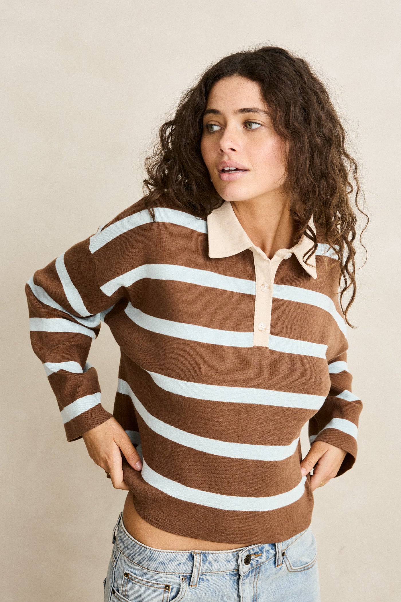 Rhythm Rugby Polo Knit Sweater - Brown