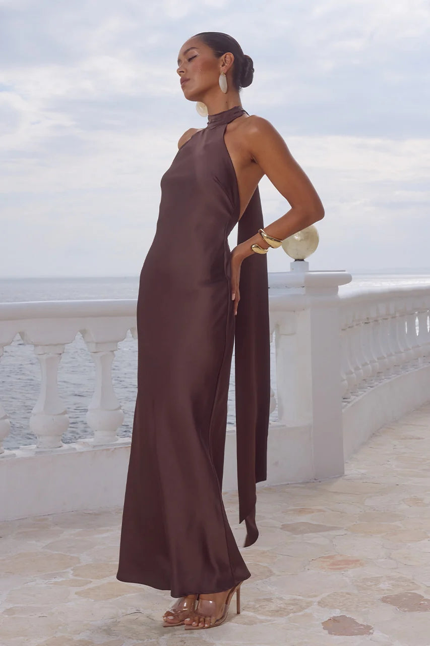 Runaway The Label Arabelle High Neck Maxi Dress - Chocolate