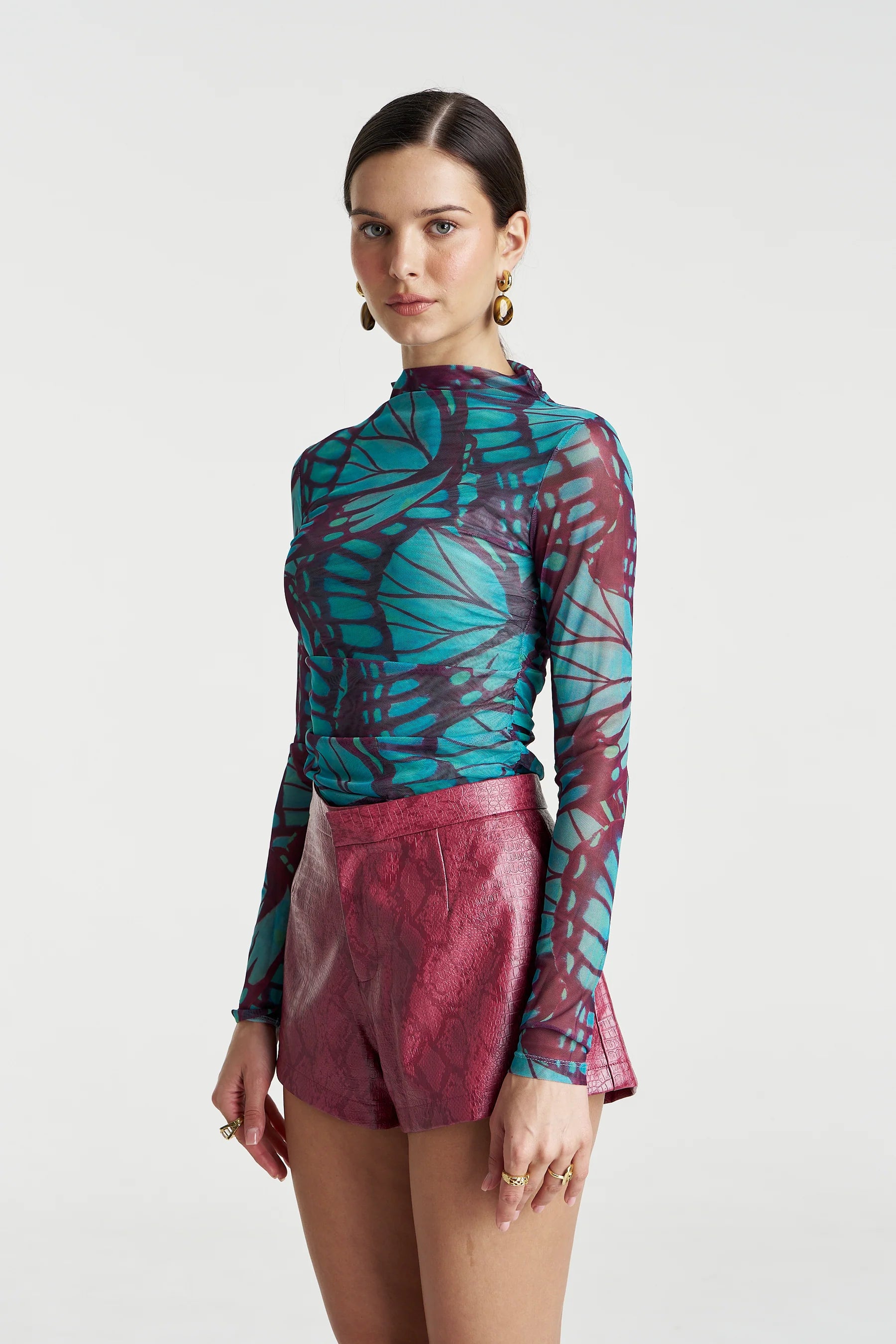 Summi Summi Mesh LS Rouched Skivvy - Jade Butterfly COMING SOON