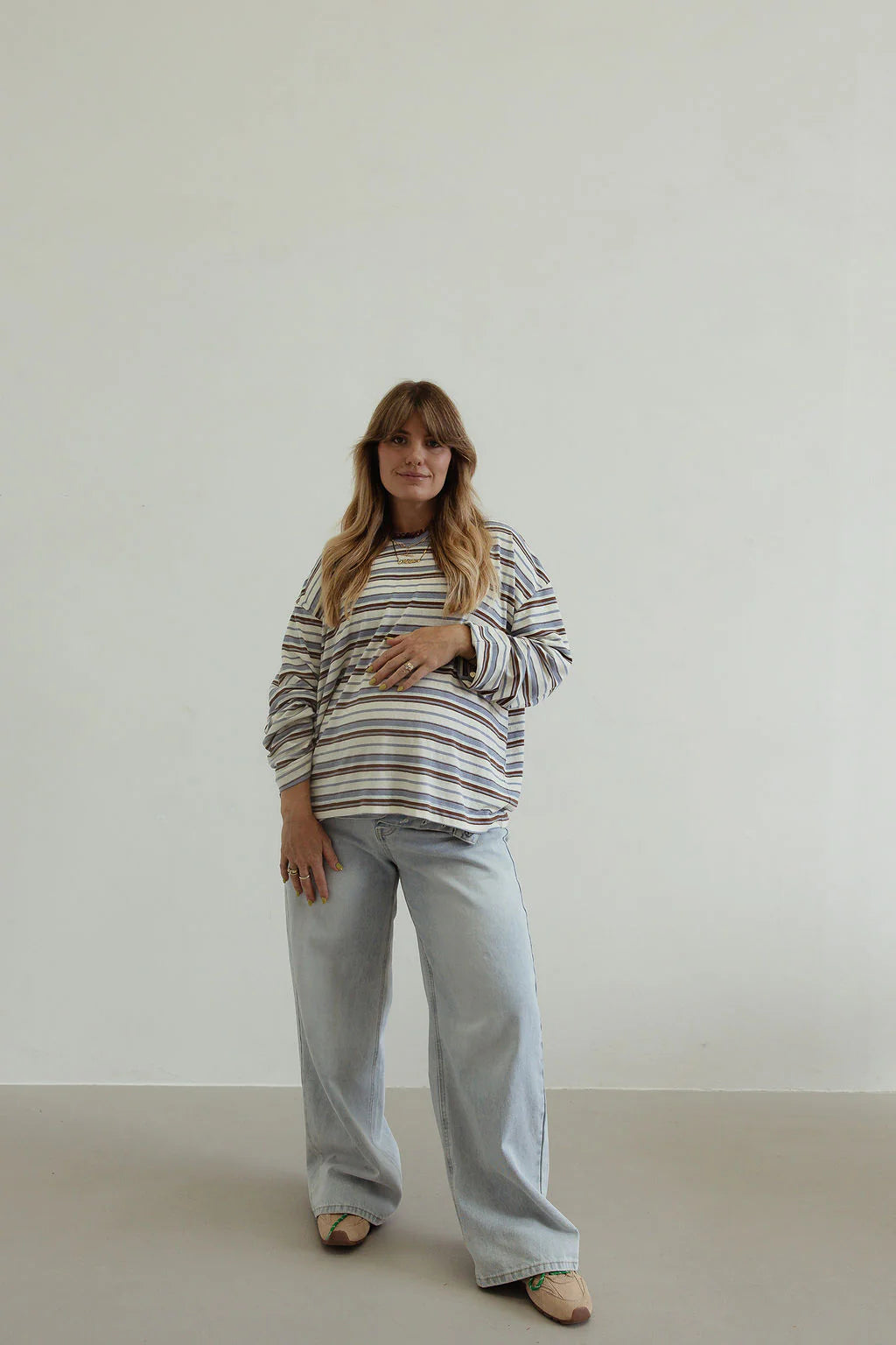 By Billie Stripe cotton Oversized L/S Tee - White/Blue/Brown