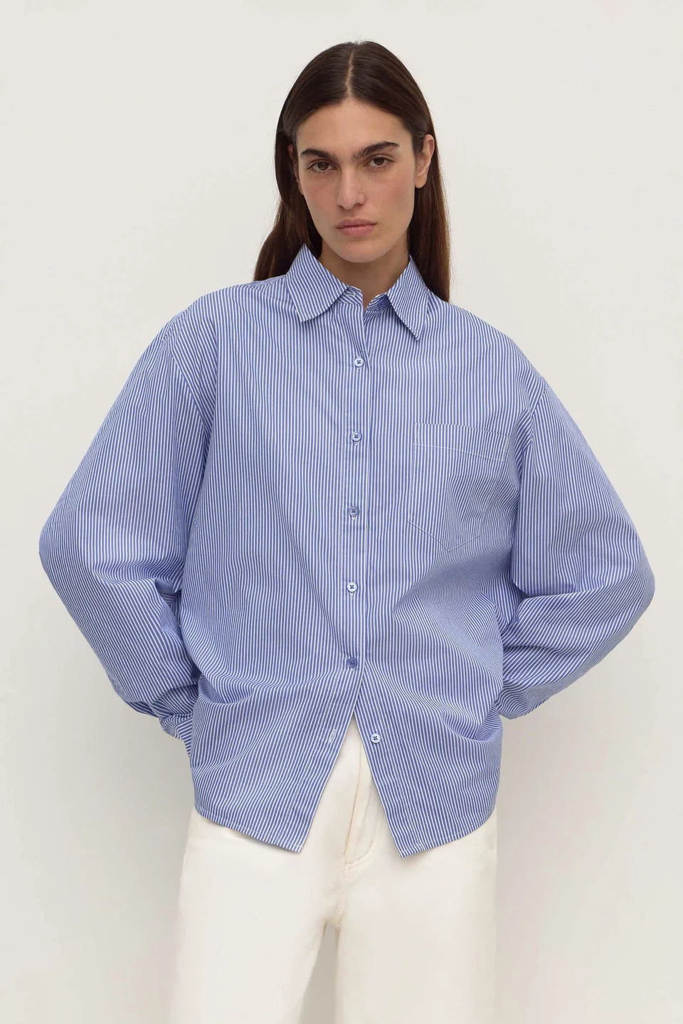 Assembly Ava Stripe Cotton Poplin Shirt - Navy Stripe