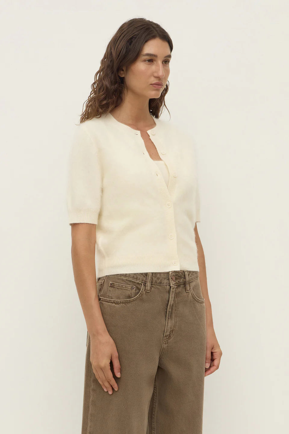 Assembly Label Carina Wool Short Sleeve Cardigan - Cream