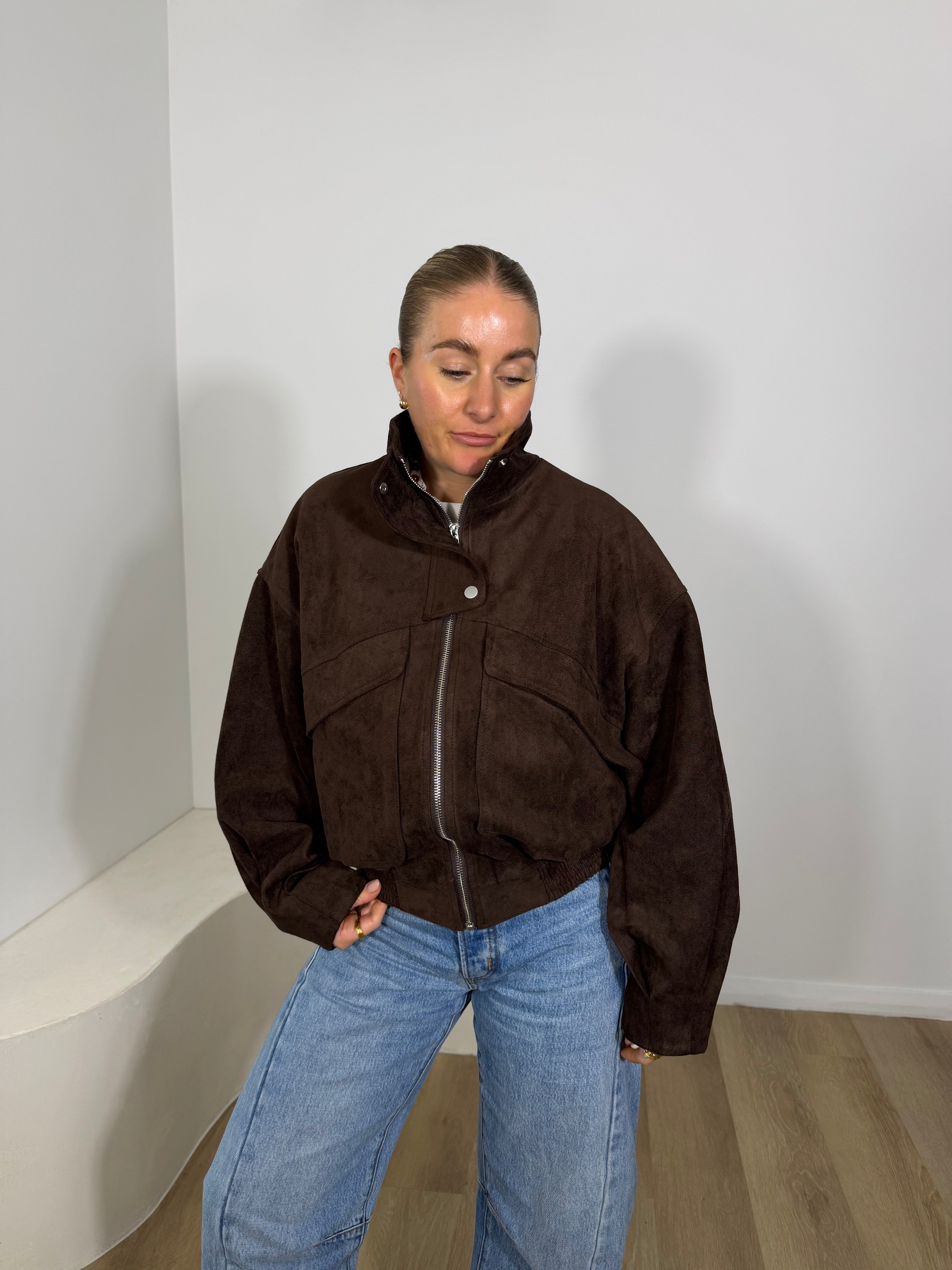 By Frankie Faux Suede Bomber Jacket - Chocolate