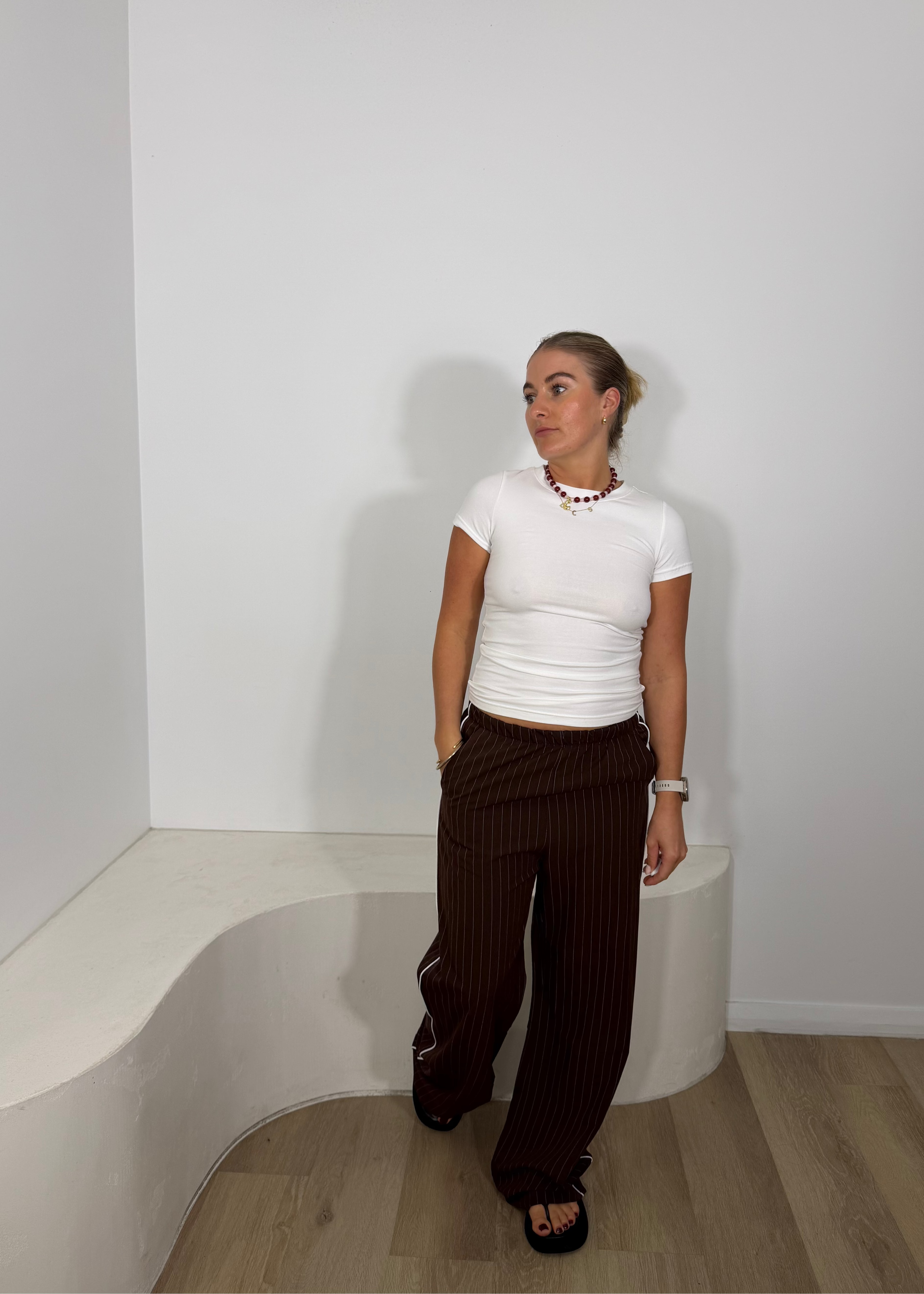 By Frankie Pinstripe Pant with Piping - Choc