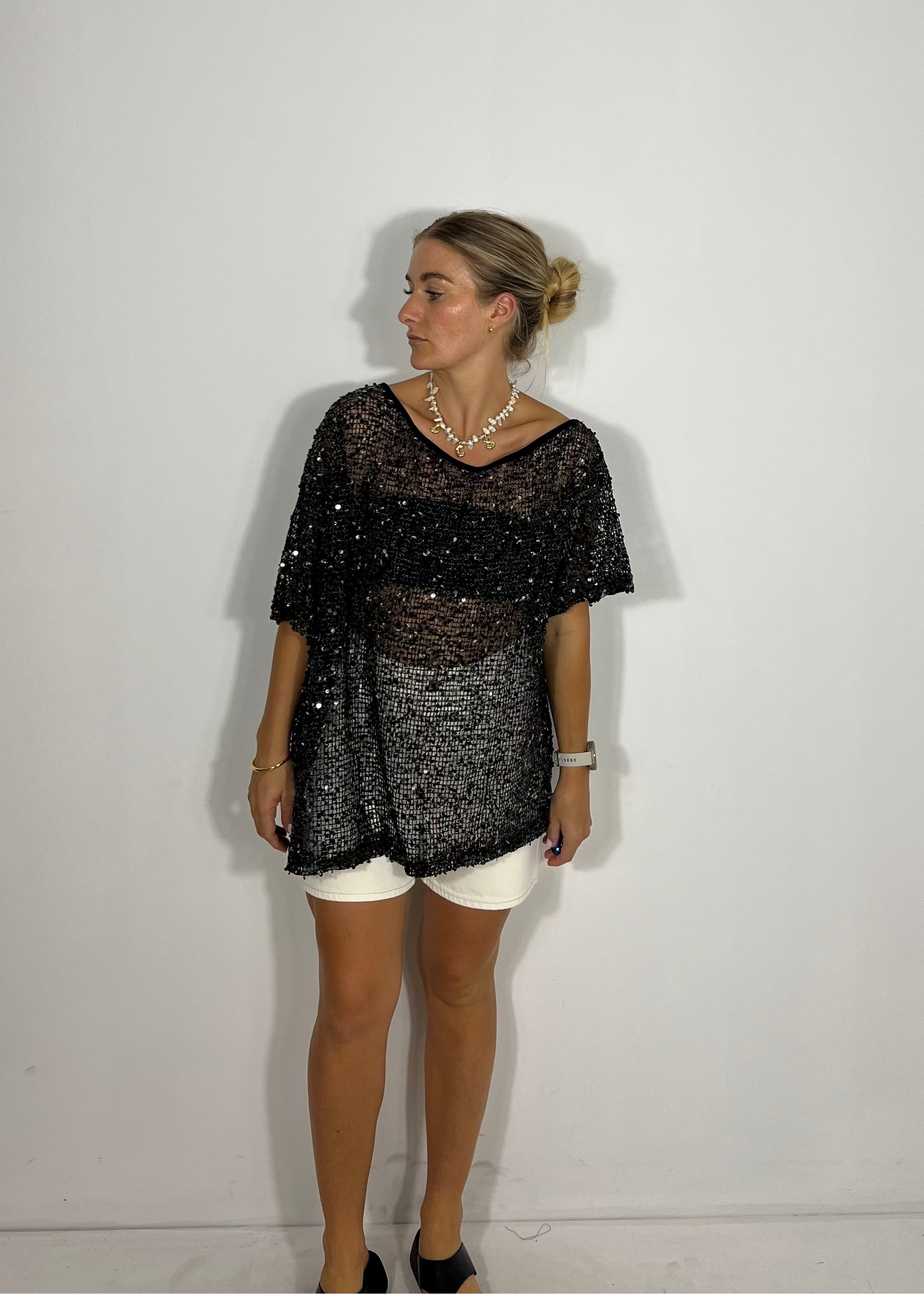 By Frankie Off Shoulder Sequins Top - Black