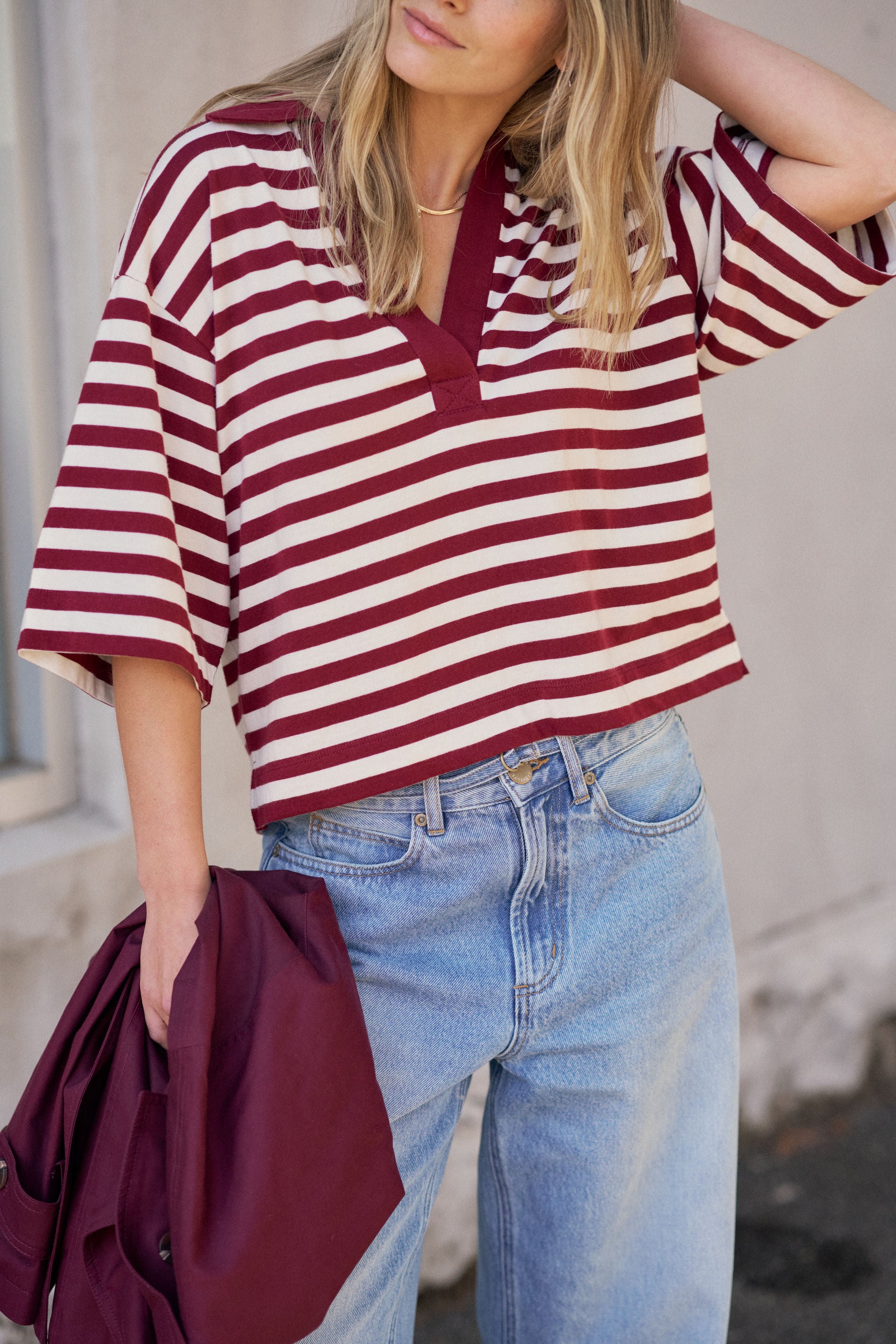 Ceres Life Arlie Short Sleeve Rugby - Burgundy/ Milk Stripe
