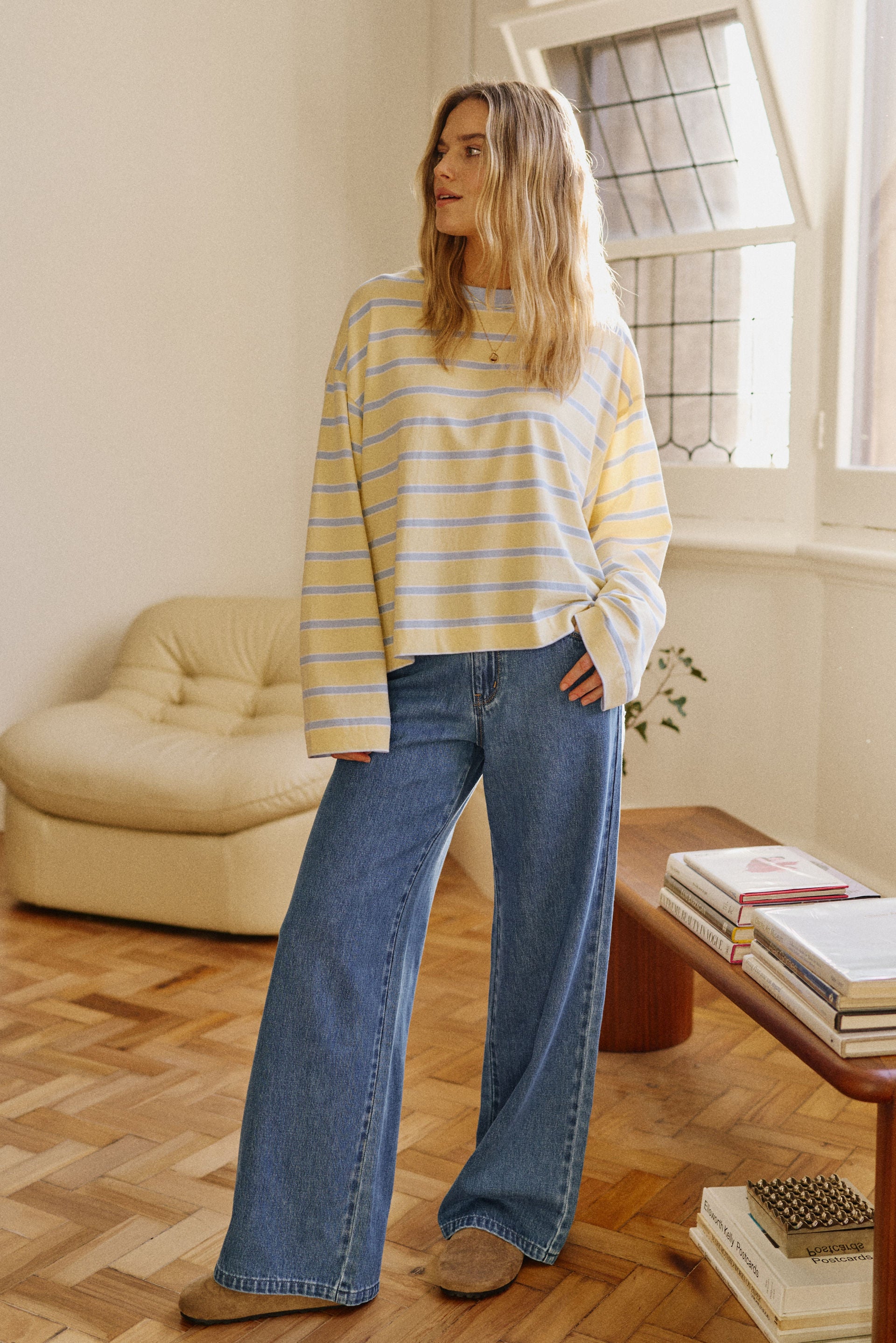 Ceres Life Beau Tie Slouchy Tee - Butter/ China Blue Stripe