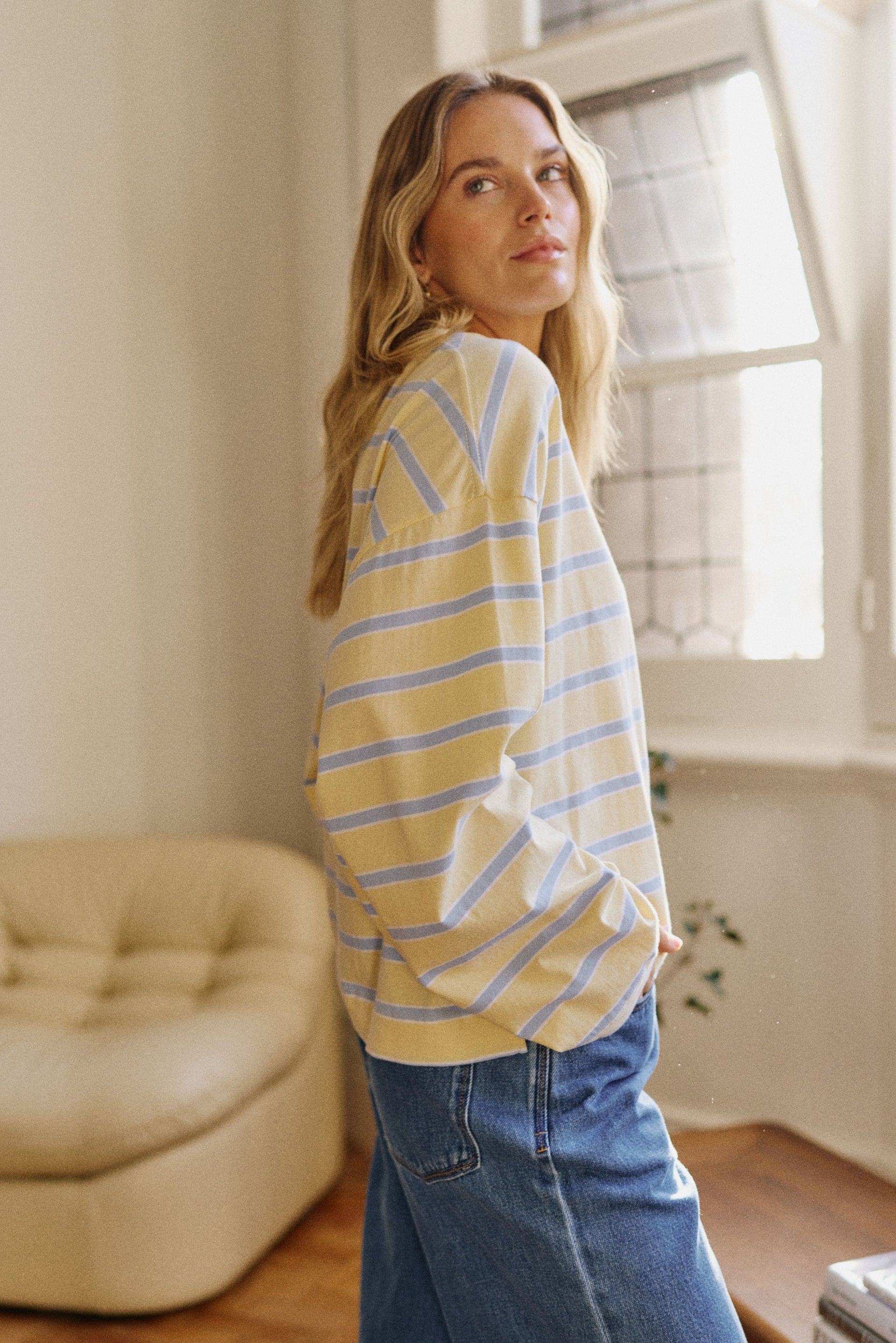 Ceres Life Beau Tie Slouchy Tee - Butter/ China Blue Stripe