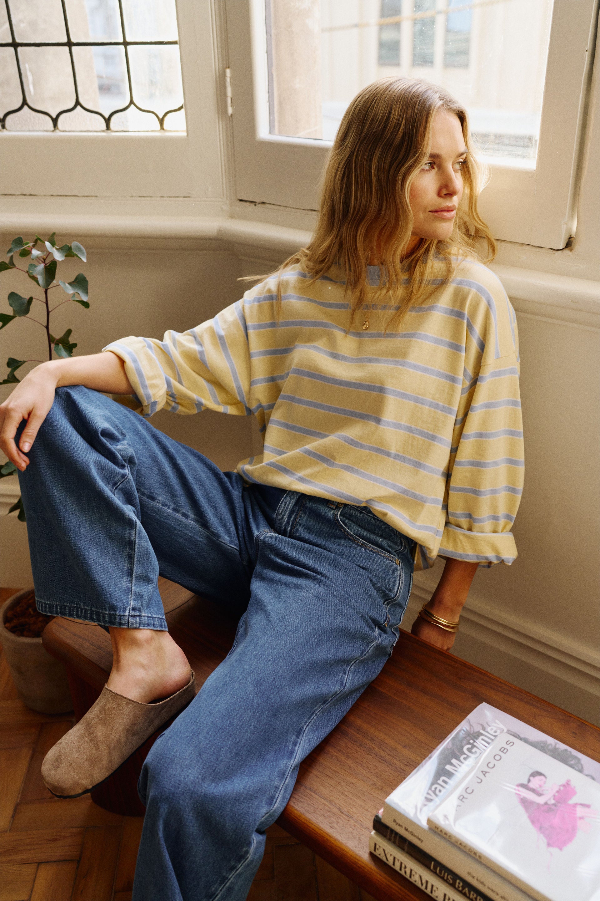 Ceres Life Beau Tie Slouchy Tee - Butter/ China Blue Stripe