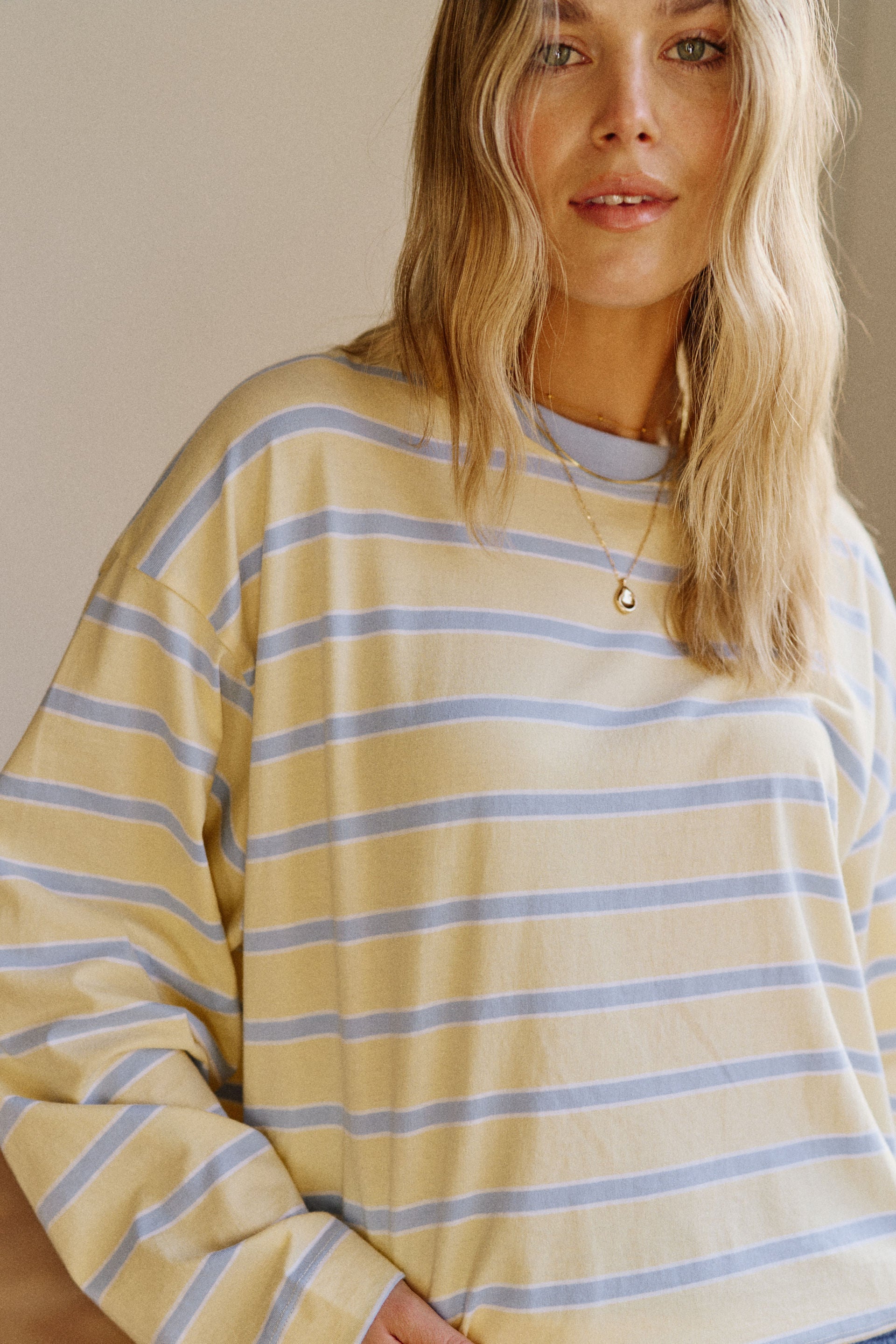 Ceres Life Beau Tie Slouchy Tee - Butter/ China Blue Stripe