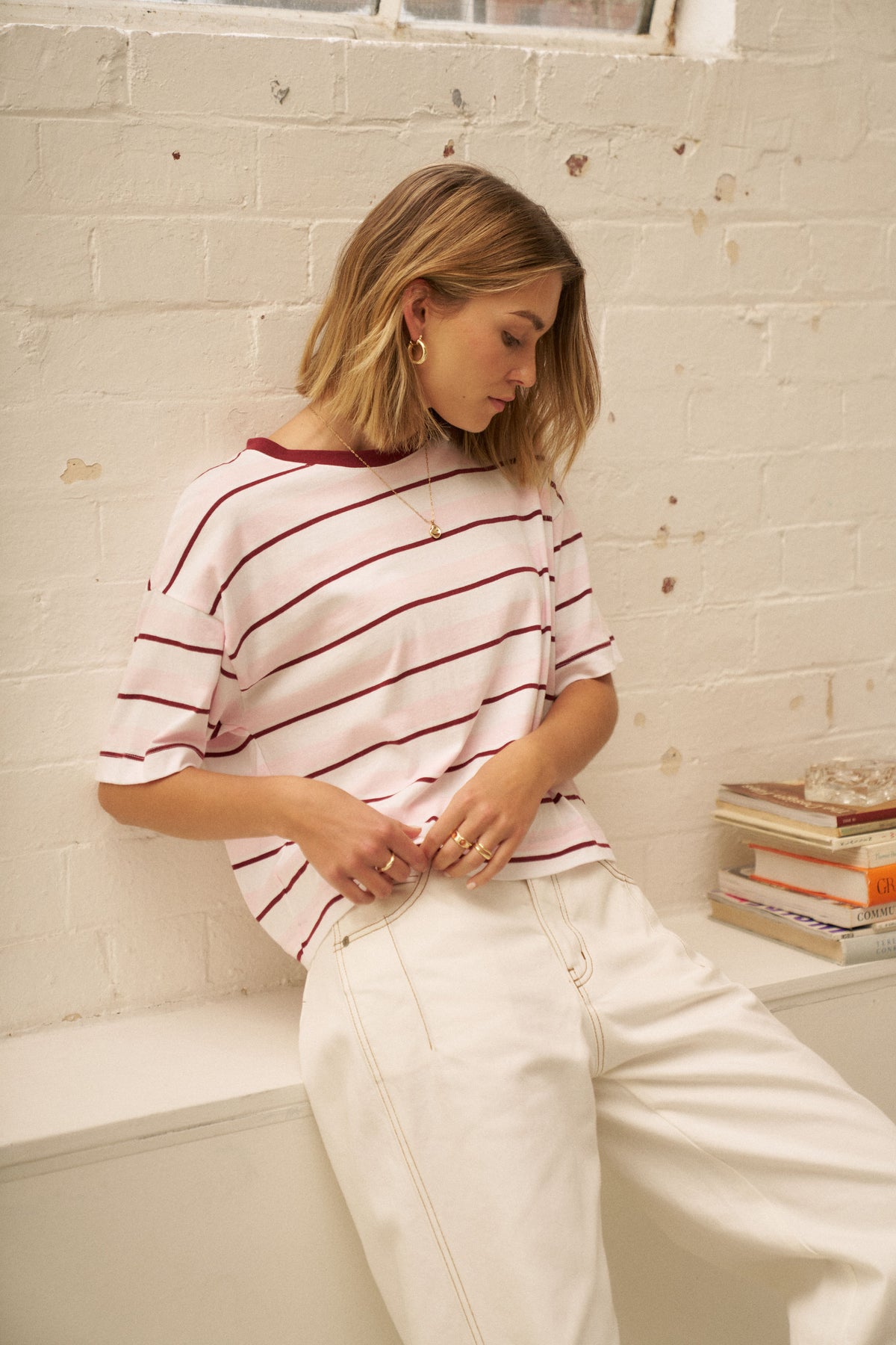 Ceres Life Brea Boxy Tee - Sunfaded Pink/Mulburry Stripe