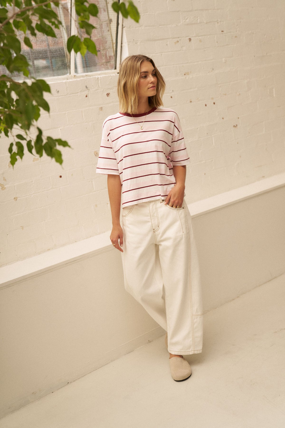 Ceres Life Brea Boxy Tee - Sunfaded Pink/Mulburry Stripe