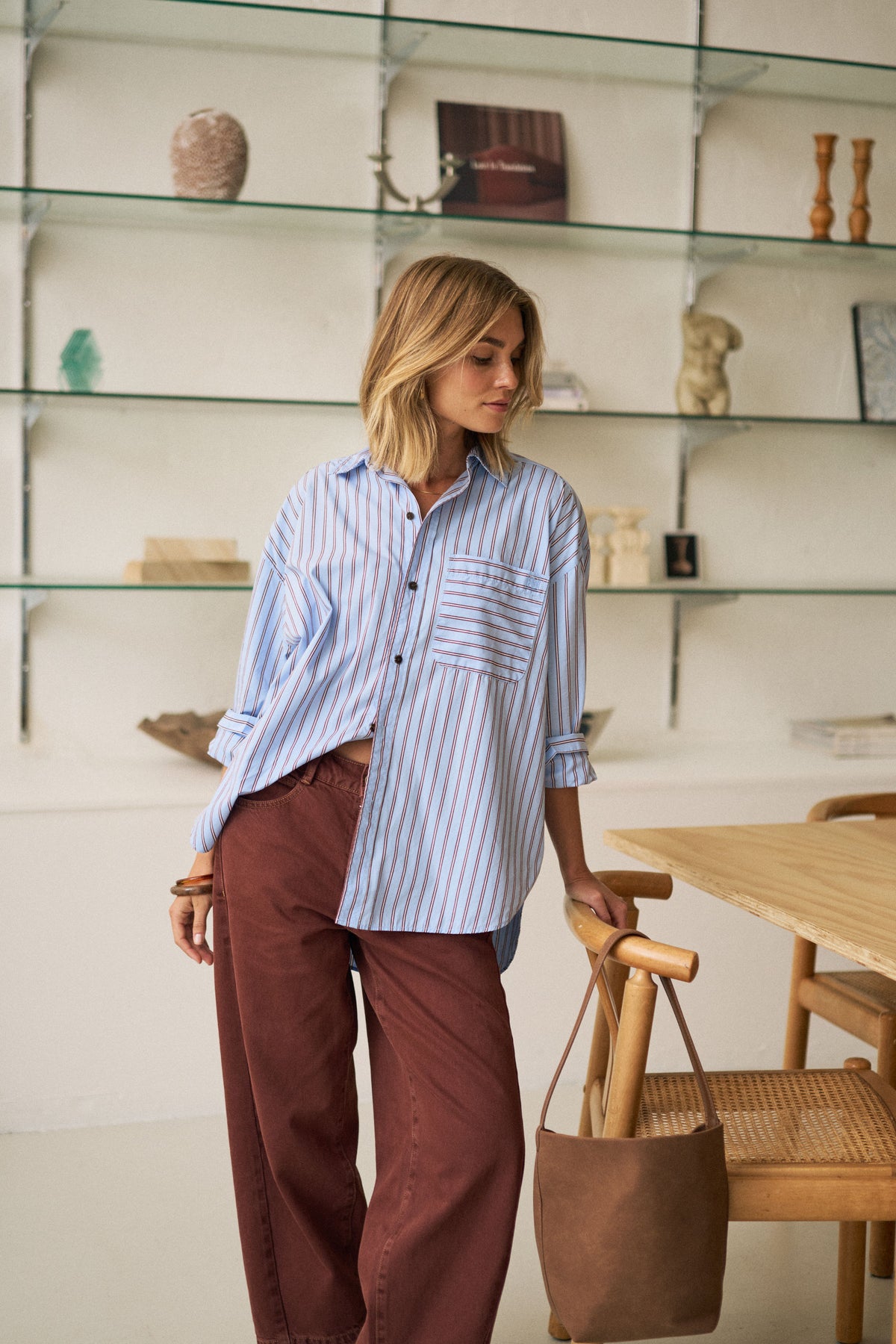 Ceres Life Peta Oversized Shirt - Sky/Blue Burgundy Stripe