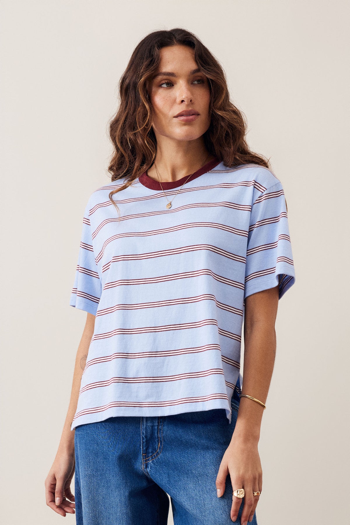 Ceres Life Stevie Slouchy Tee - China Blue/Mulburry White Stripe
