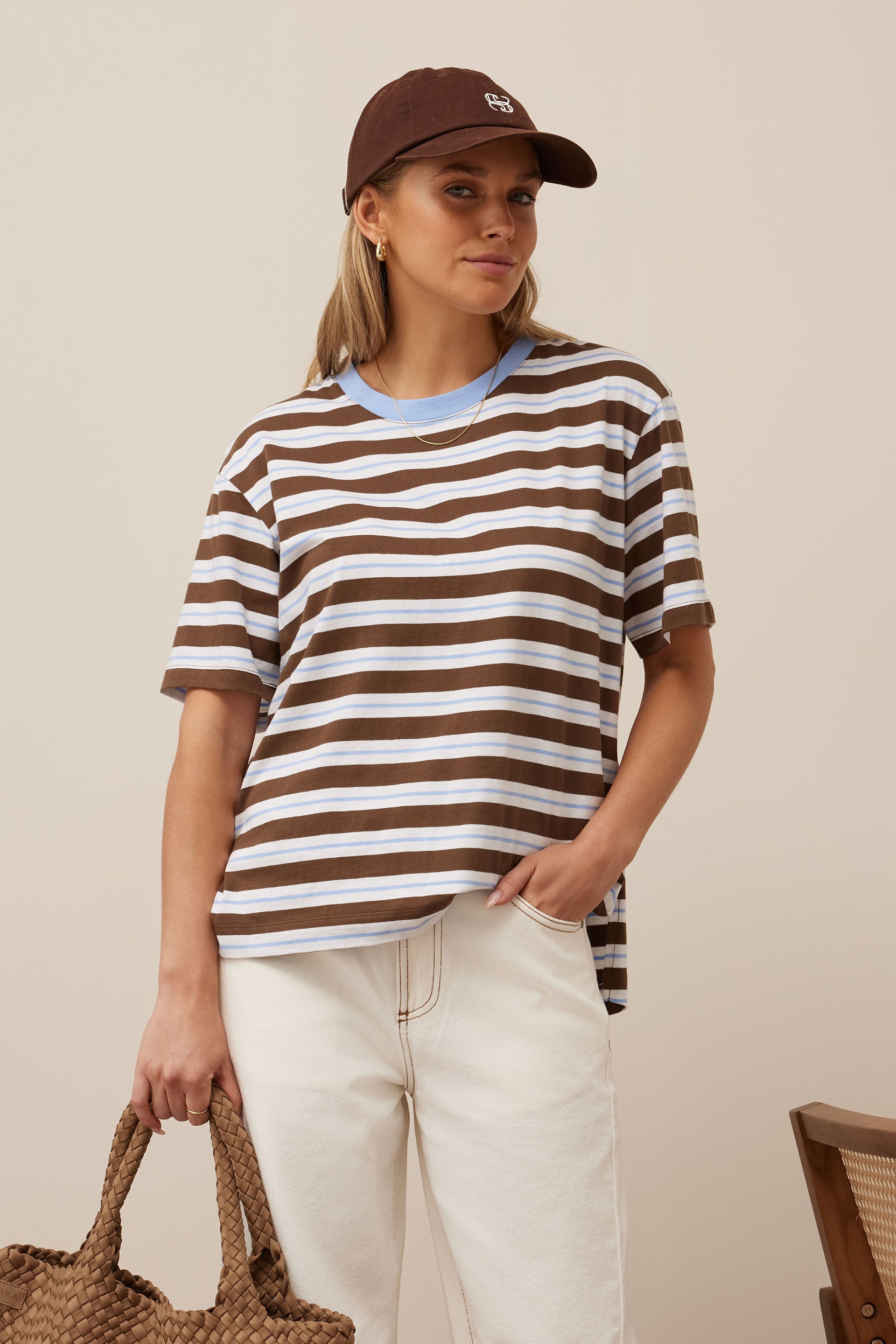 Ceres Life Stevie Slouchy Tee - Cocoa/Sky Blue Stripe