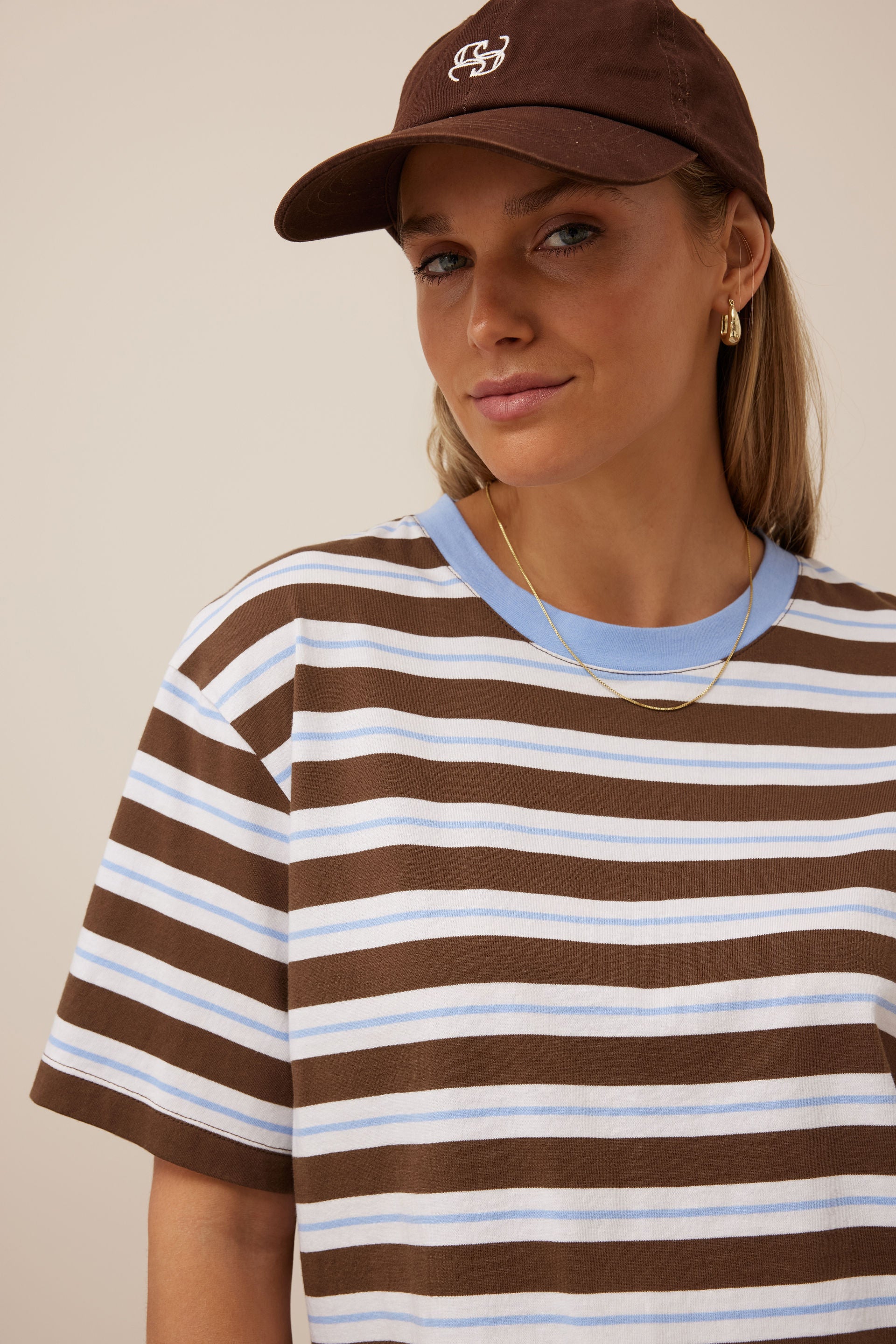 Ceres Life Stevie Slouchy Tee - Cocoa/Sky Blue Stripe