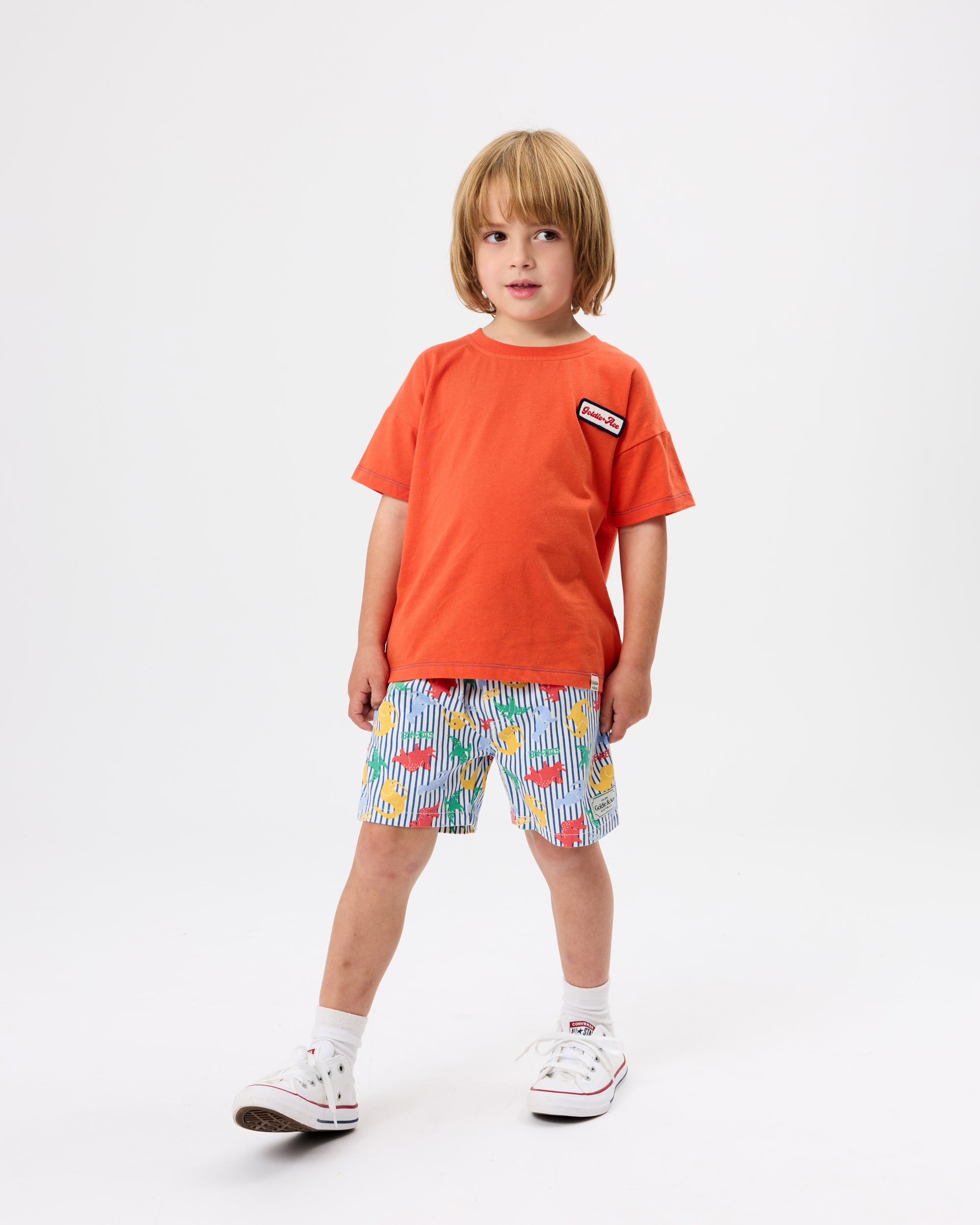 Goldie + Ace Dino Print Classic Short - Blue Stripe
