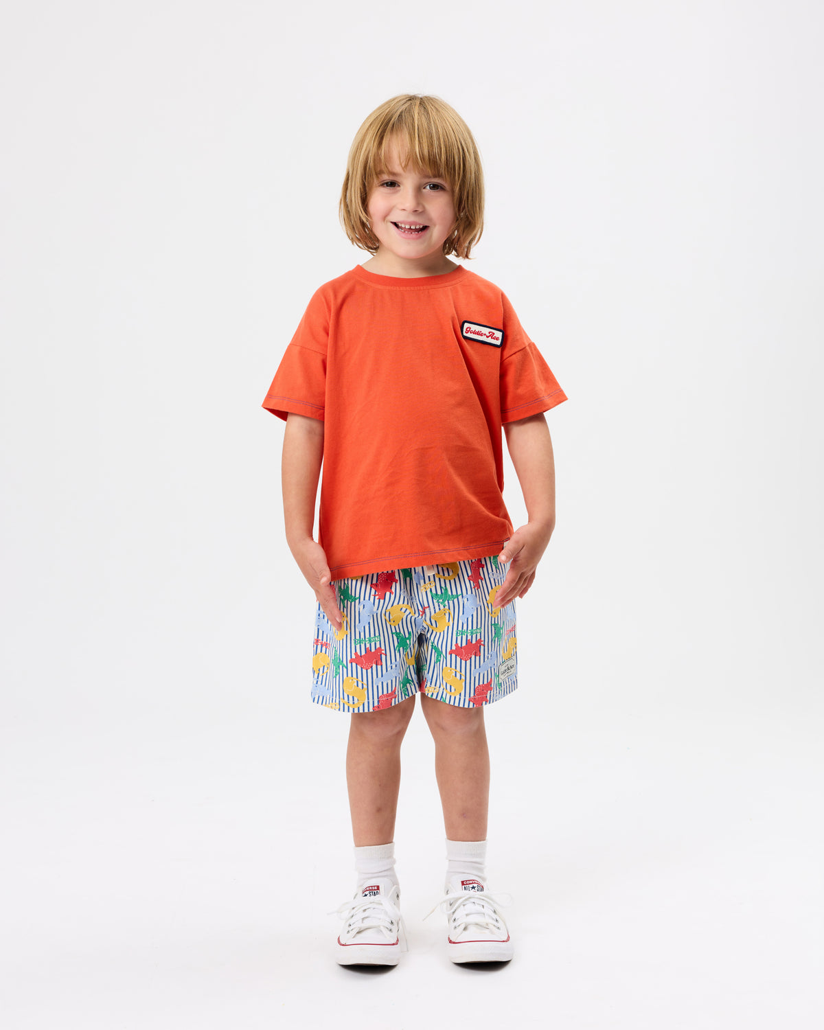 Goldie + Ace Dino Print Classic Short - Blue Stripe