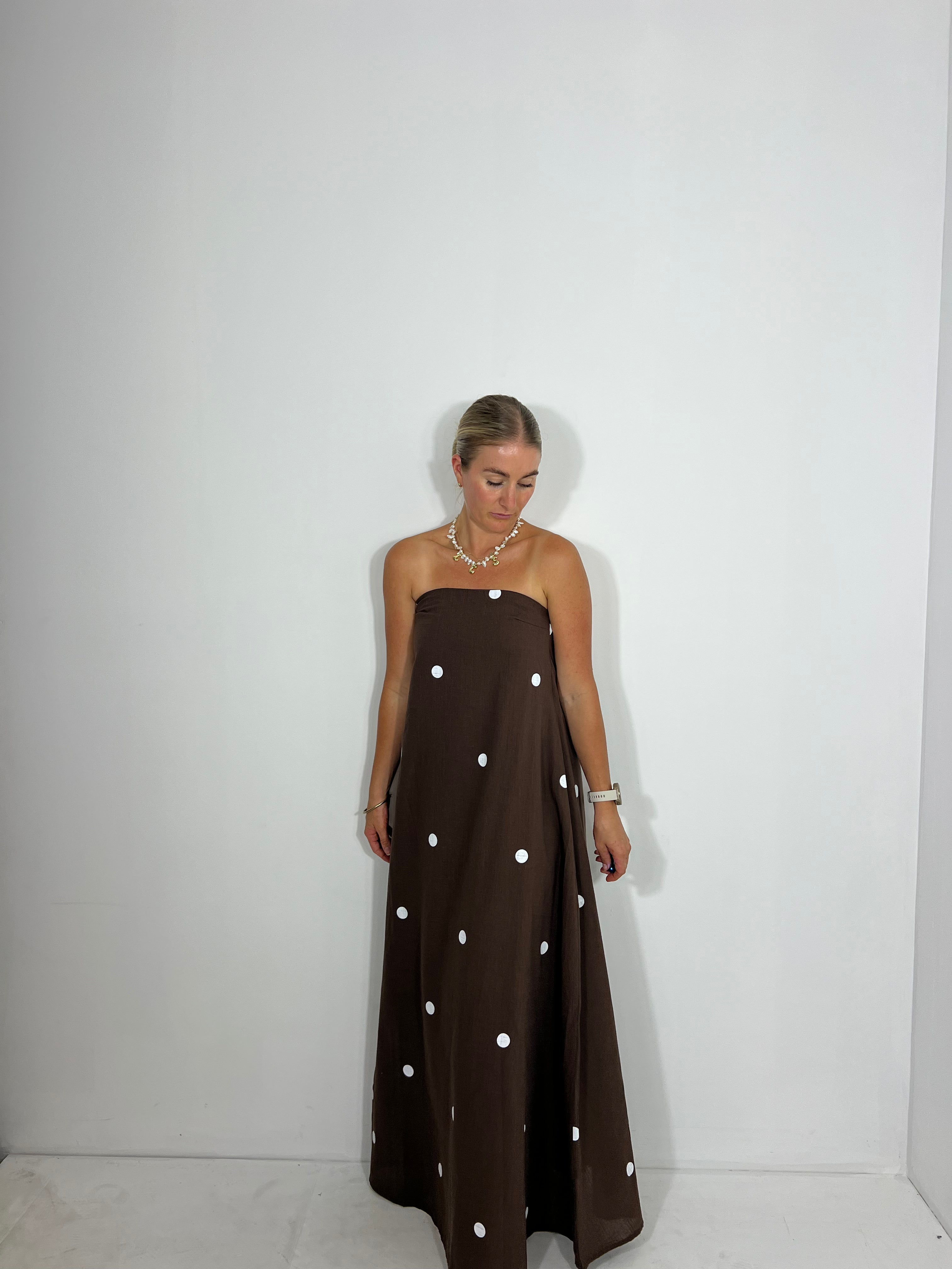By Frankie Strapless Maxi - Choc Polka Dot