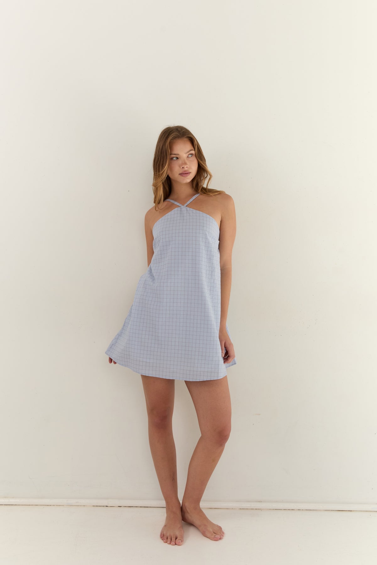 Juni Corinne Mini Dress - Sky Check (Coming Soon)