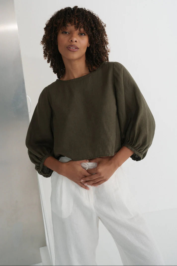 Lilly Pilly Demi Linen Top - Khaki