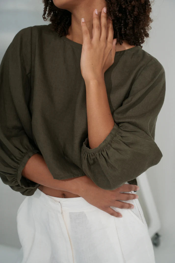 Lilly Pilly Demi Linen Top - Khaki